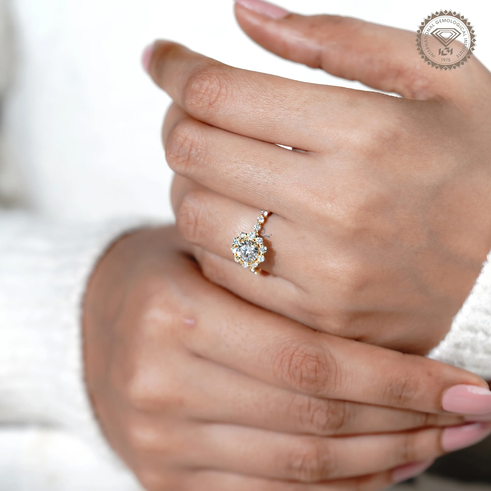 1.00 CT Round Lab Grown Diamond Halo Engagement Ring, 18k Gold Wedding Band — view 13