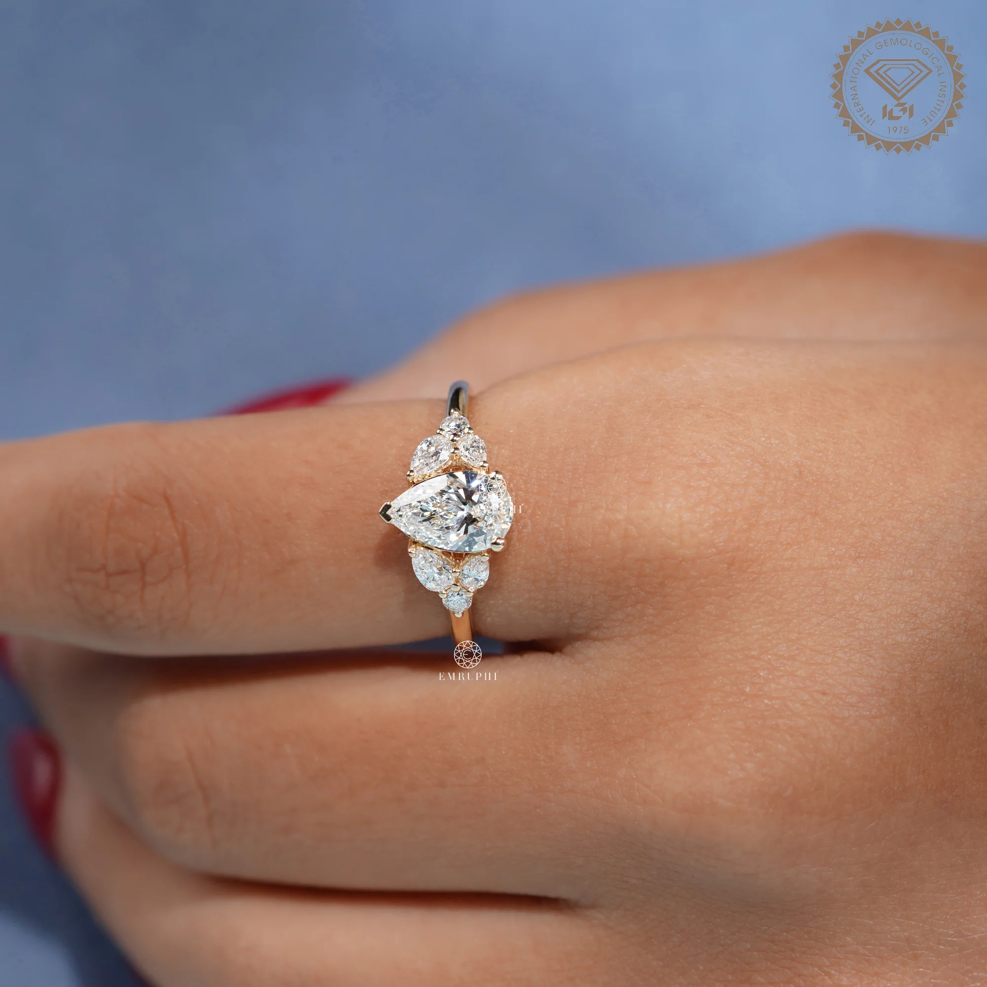 Pear Lab Grown Diamond Cluster Engagement Ring, Vintage Inspired Bridal Jewellery — view 7