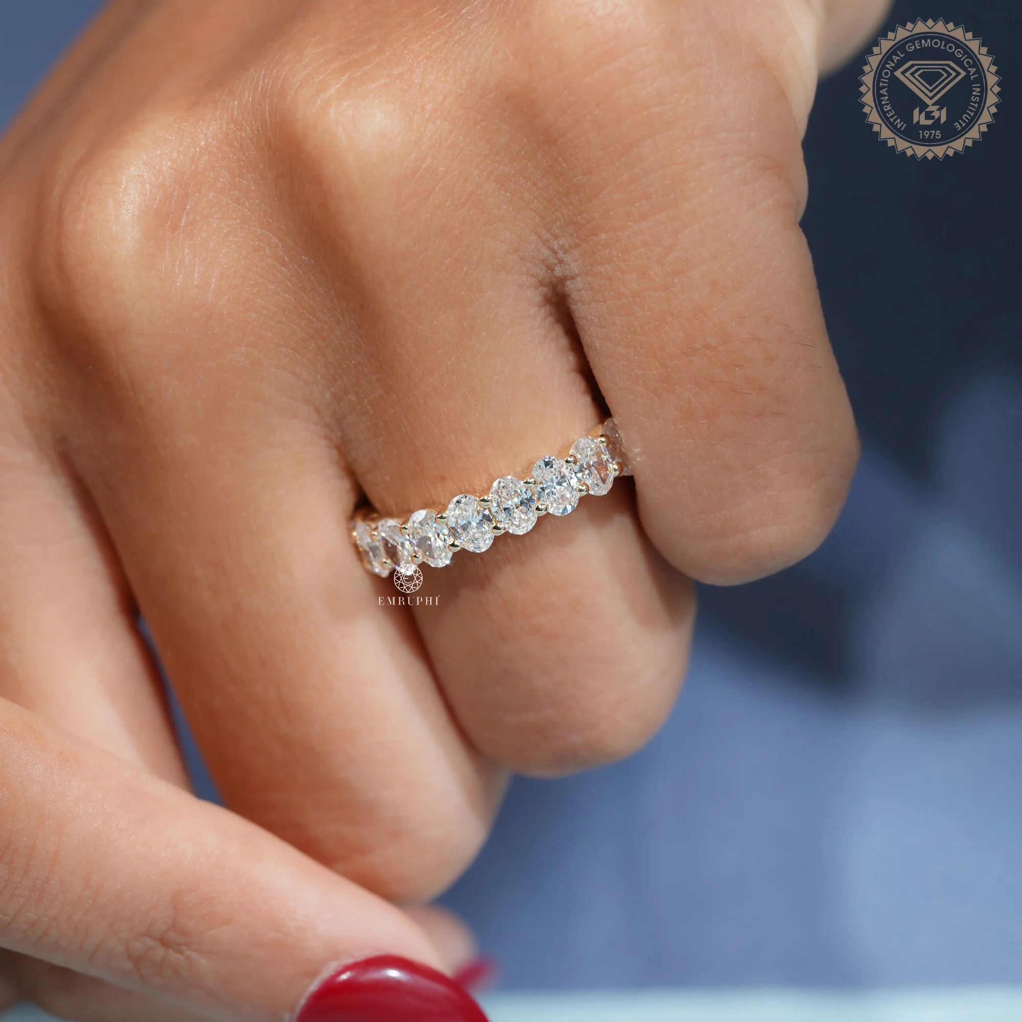Oval Cut Diamond Eternity Band, Half Eternity Wedding Ring, IGI Certified Diamond Ring — view 10