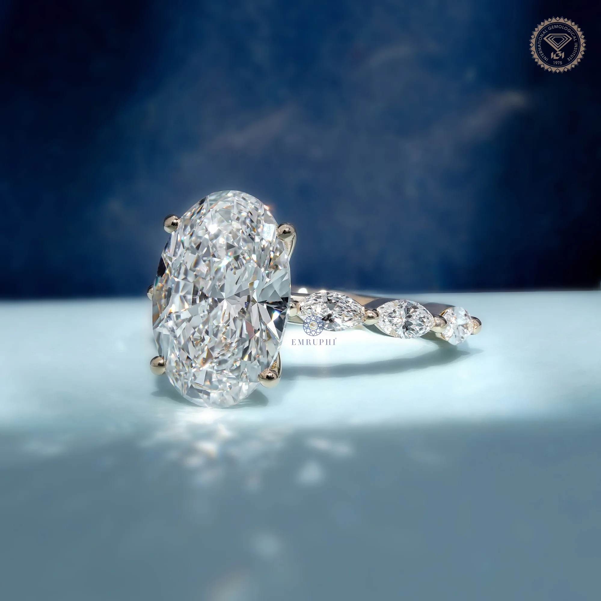5 CT Oval Lab Grown Diamond Ring, Oval Diamond Engagement Ring, Marquise Side Stone Ring — view 2