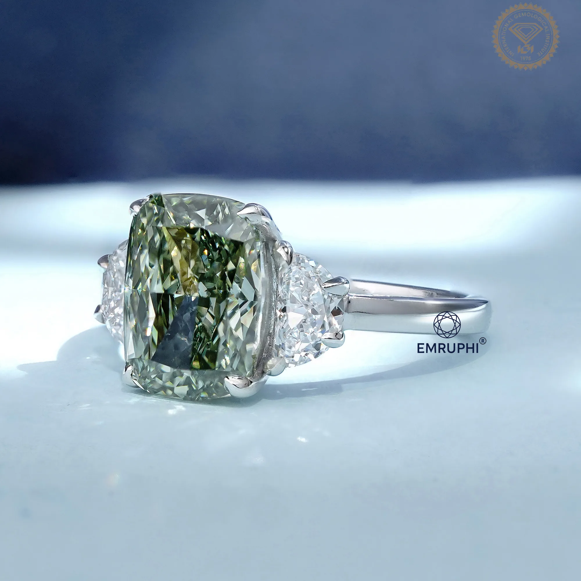 Vivid Green Cushion Diamond Three Stone Ring, 14K Gold Engagement Ring (IGI Certified) — view 2
