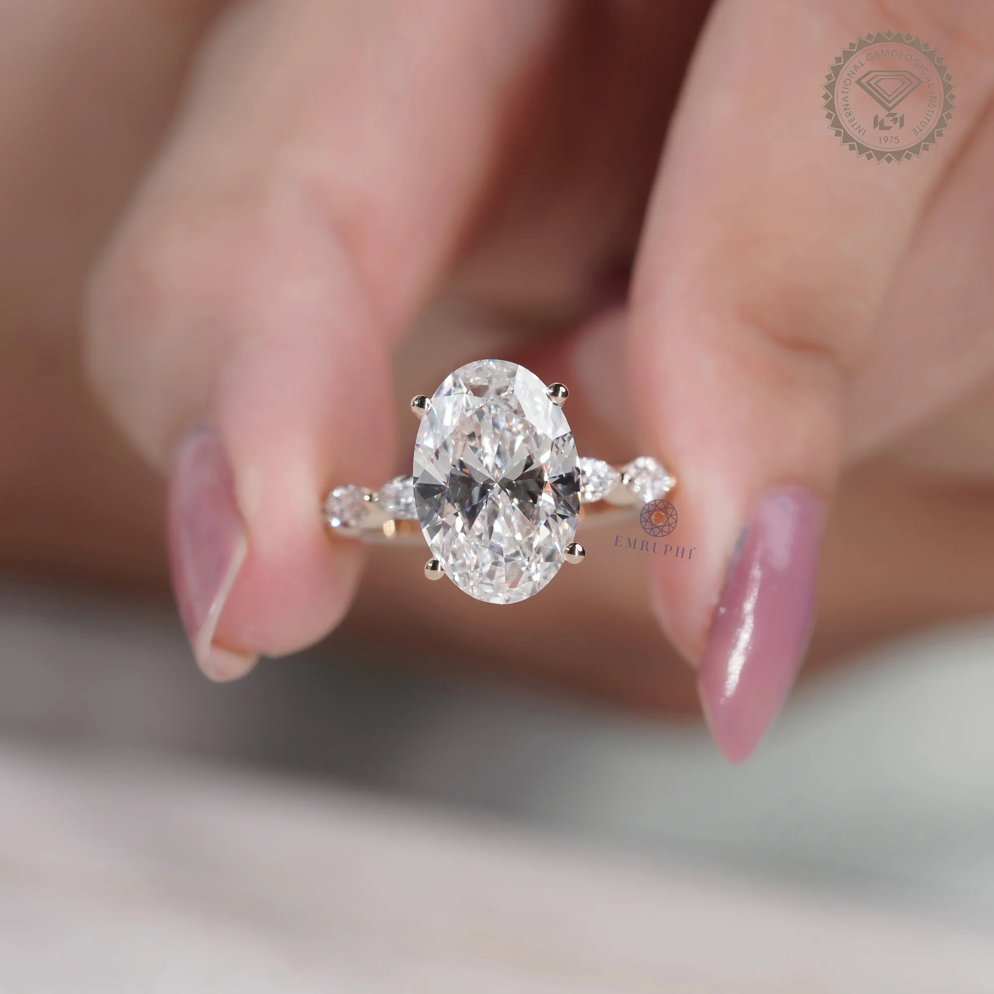 5 CT Oval Lab Grown Diamond Ring, Oval Diamond Engagement Ring, Marquise Side Stone Ring — view 12