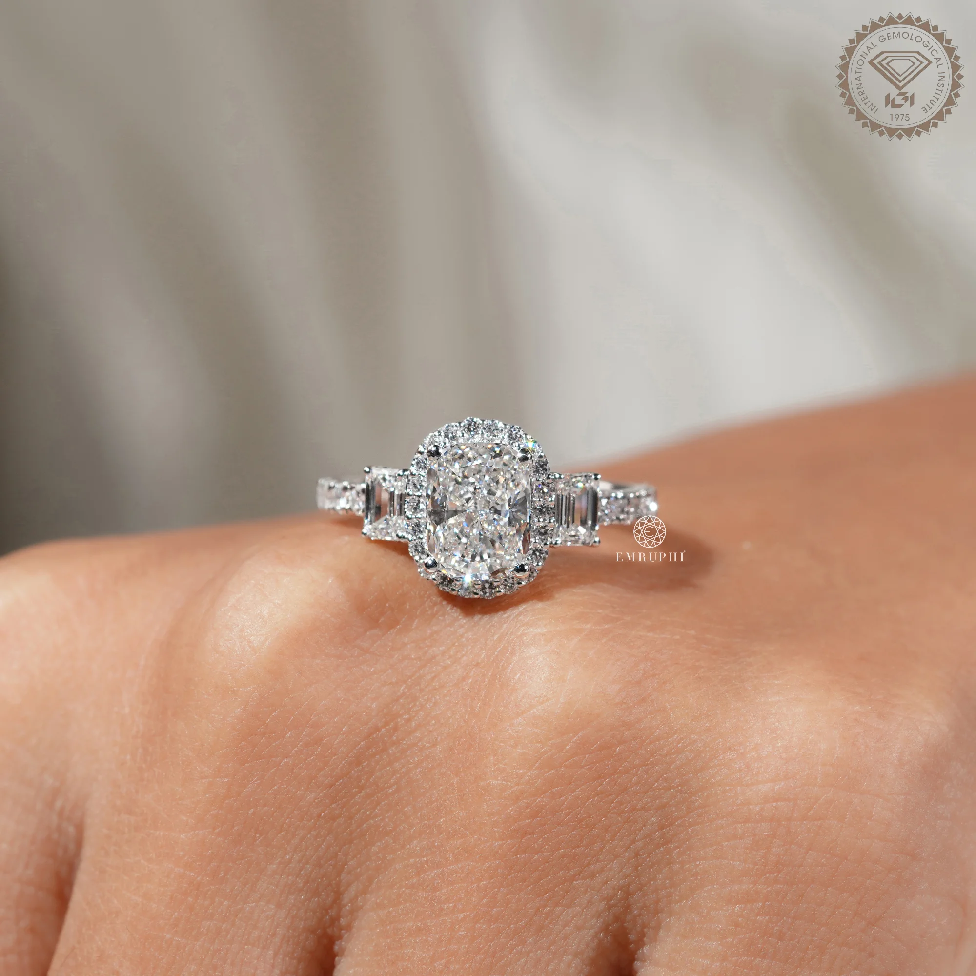 Cushion Cut Diamond Halo Engagement Ring, Trapezoid Side Stones, IGI Certified — view 5