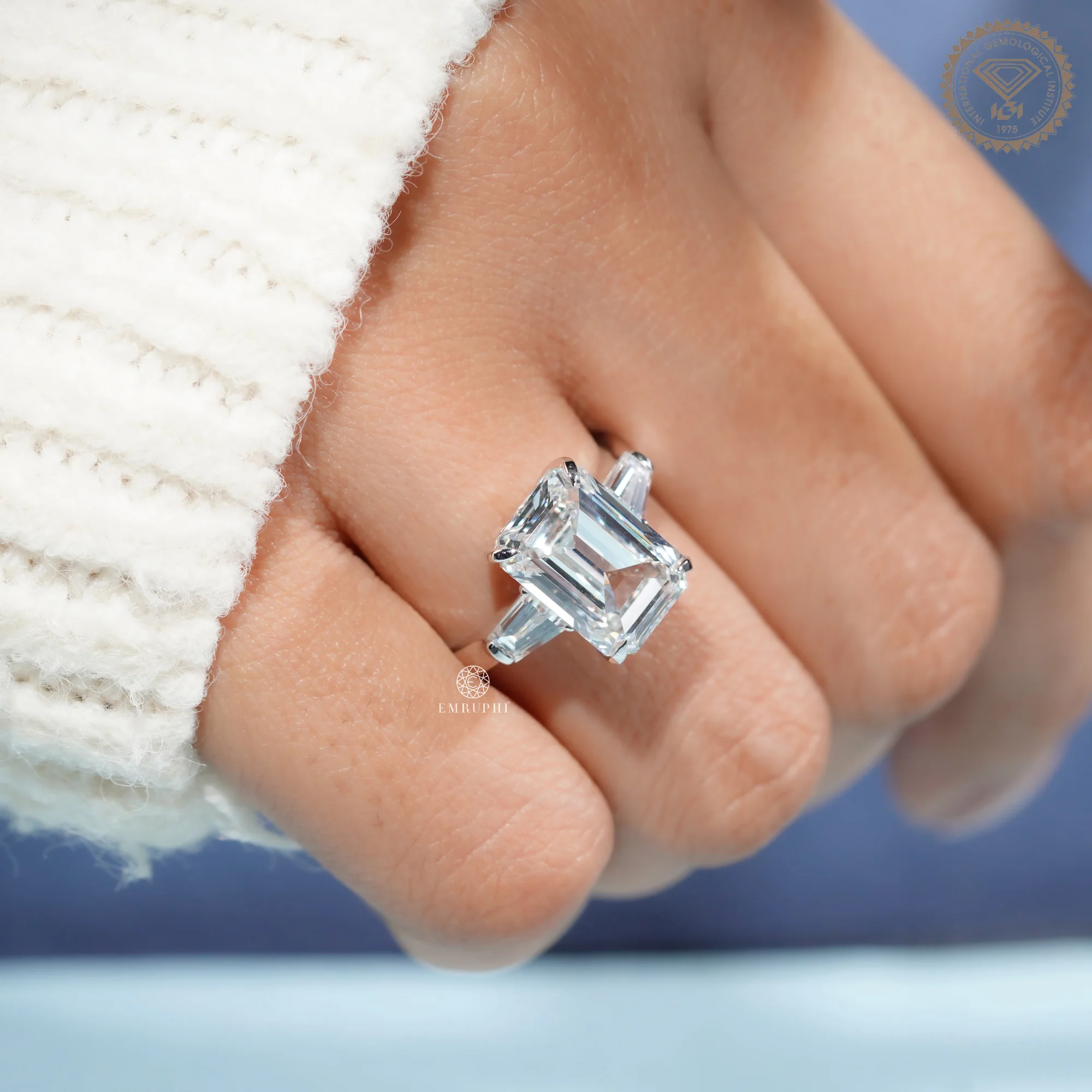 5.5 CT Emerald Cut Lab Diamond Ring with Tapered Baguette Side Stones, IGI Certified Diamond — view 8