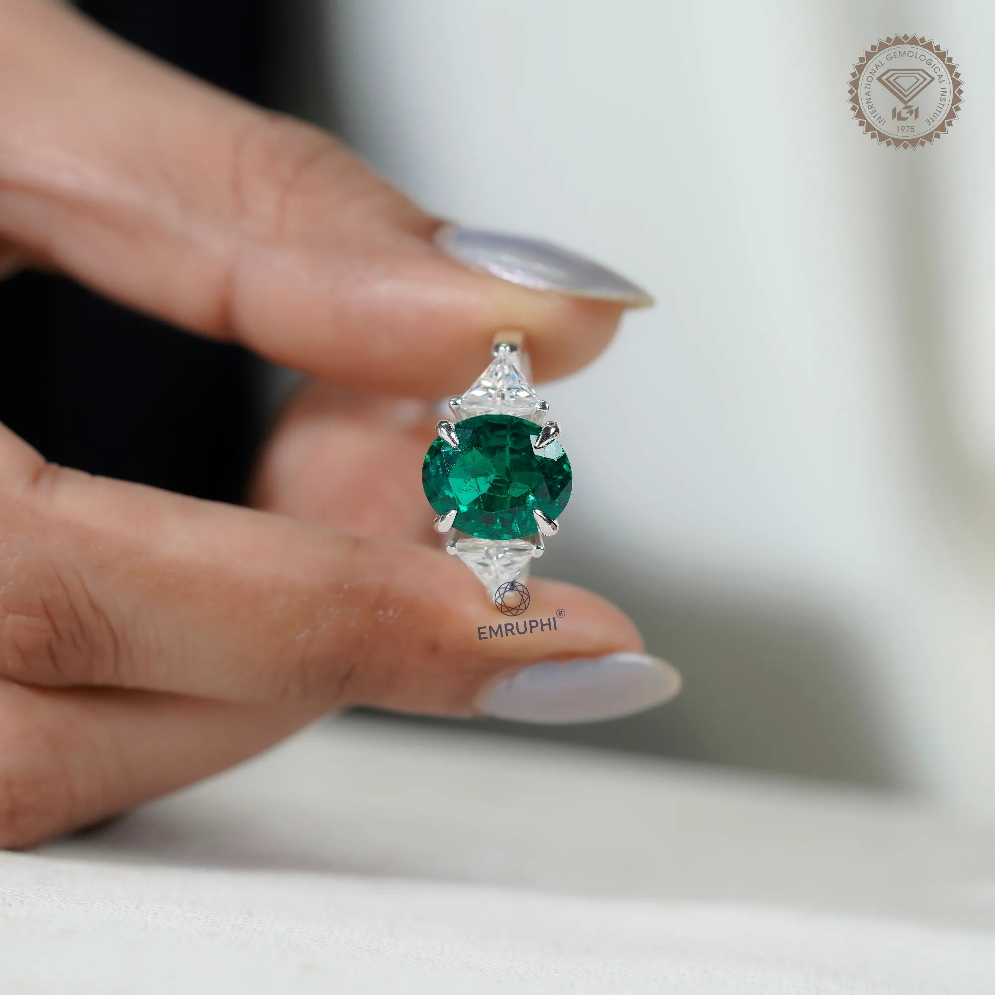 4.5 CT Oval Green Lab Grown Diamond Ring, Trillion Moissanite Sides — view 13