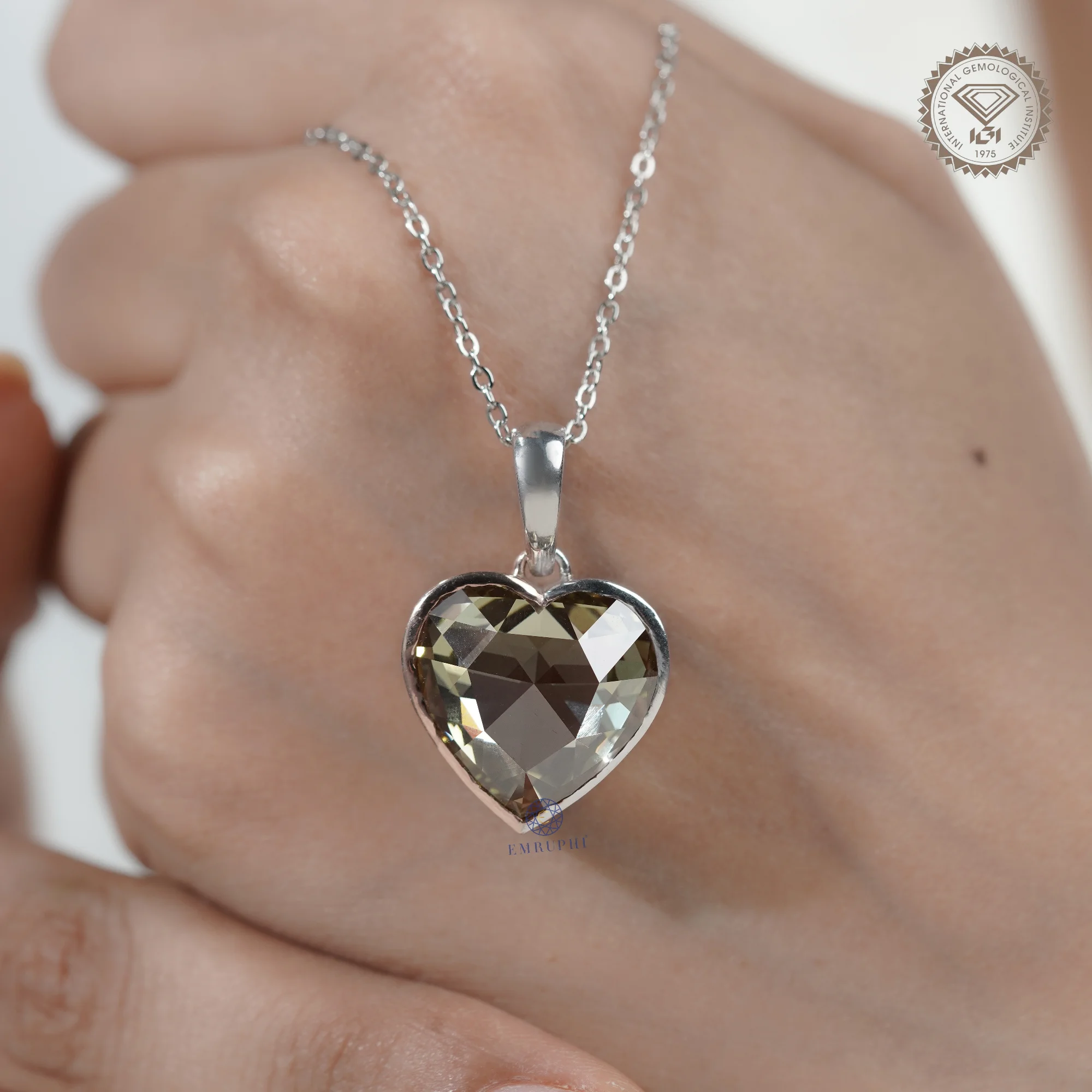 17 CT Heart Rose Cut Lab Grown Diamond Pendant, Vivid Green Color Diamond, Heart Bezel Necklace For Women — view 11