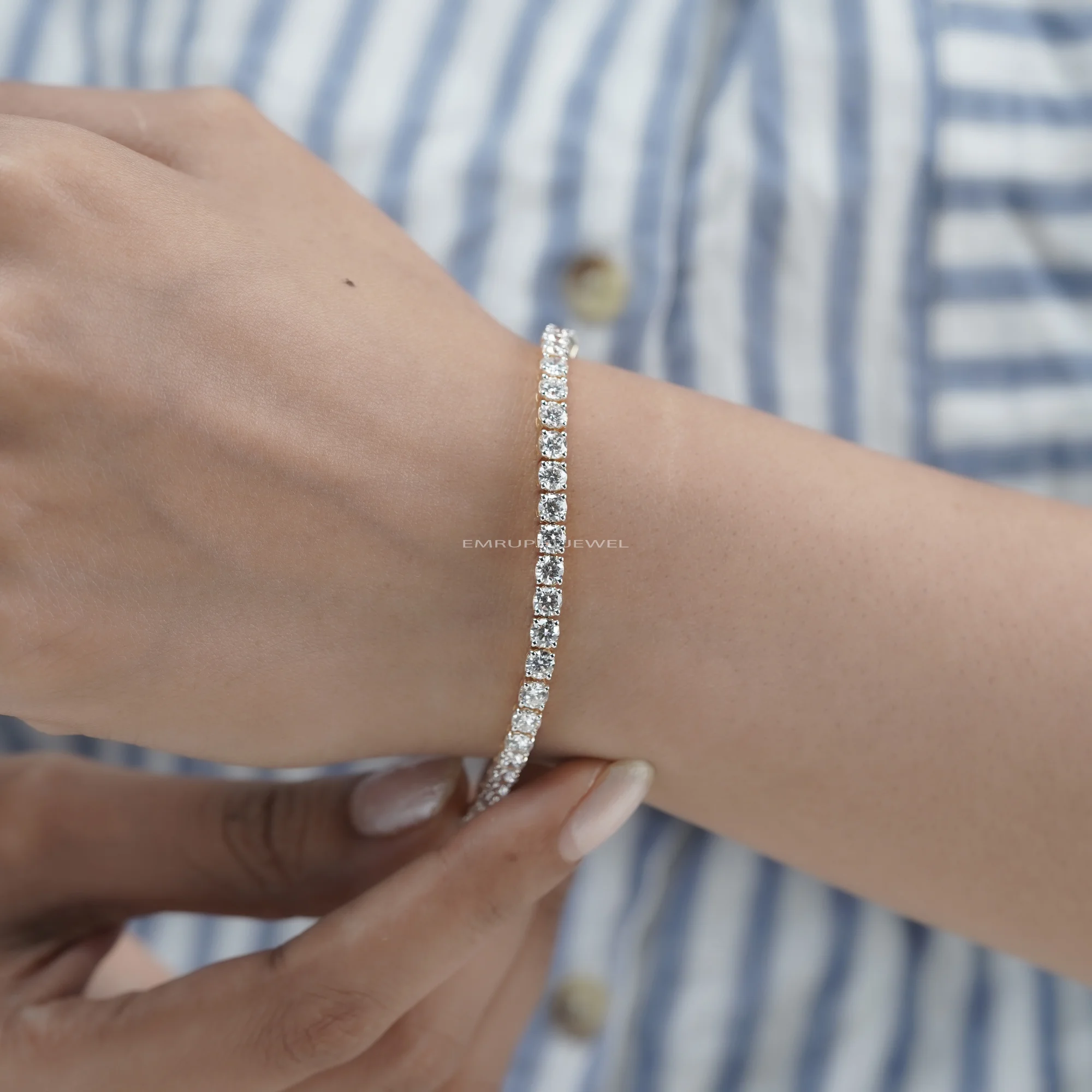 Round Cut Lab Grown Diamond Tennis Bracelet, Classic Yellow Gold Diamond Bracelet — view 5