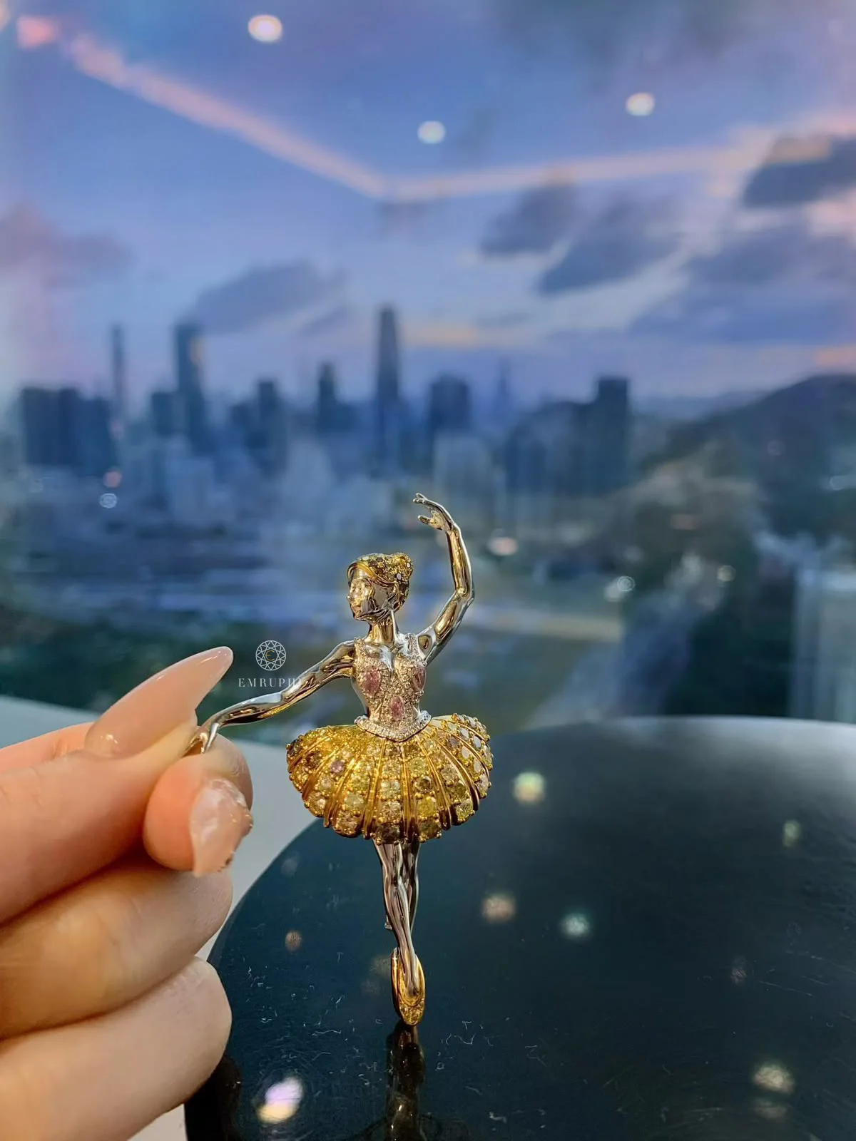 Lab Grown Fancy Yellow Diamond Ballerina Brooch Pendant, Dual Function Ballerina Dancer Pin Necklace — view 6
