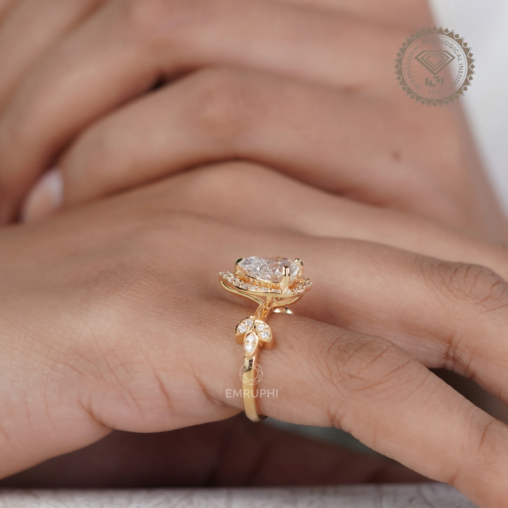 Heart Cut Halo Lab Grown Diamond Ring with Floral Side Accents, Romantic Heart Engagement Ring — view 7