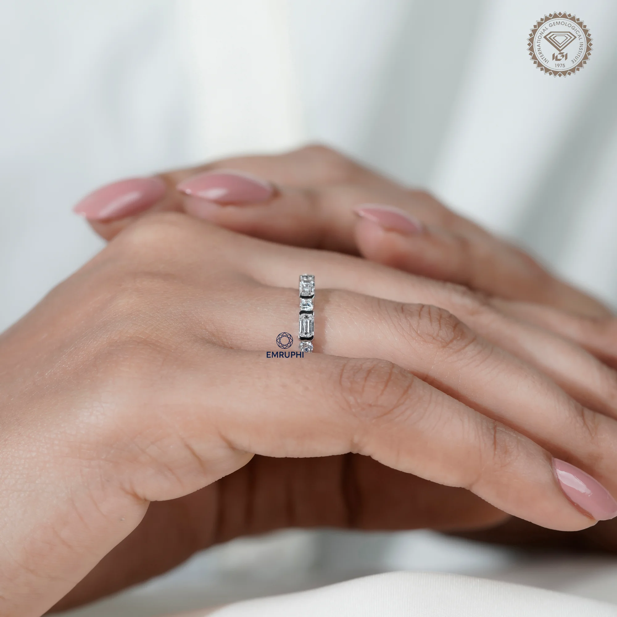 Emerald and Round Lab Grown Diamond Alternating Band, Dainty Wedding Ring — view 11