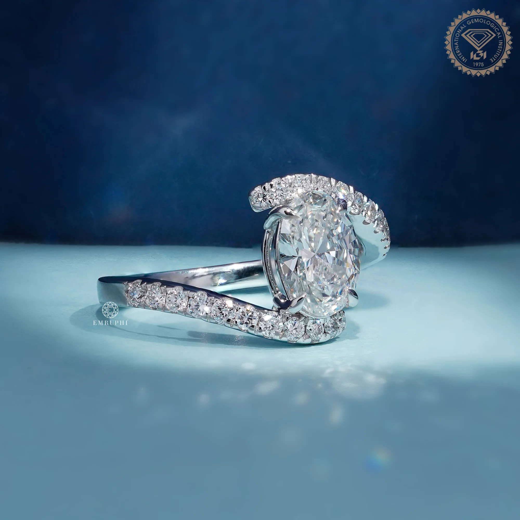 Oval Lab Grown Diamond Engagement Ring, Curved Diamond Band, Double Band Solitaire Ring — view 3