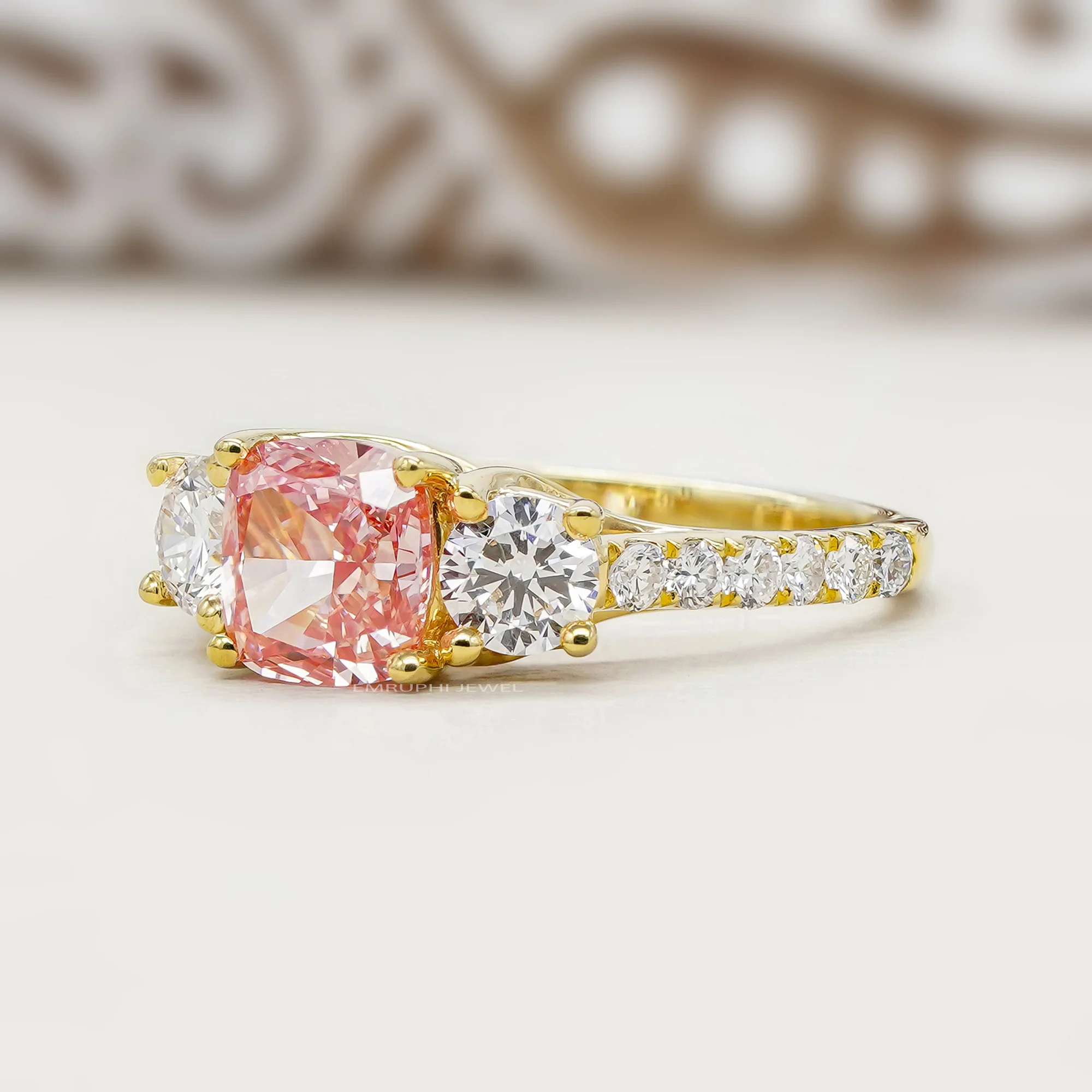 Pink Cushion Lab Grown Diamond Ring, 14K Yellow Gold Three Stone Engagement (IGI Certified) — view 2