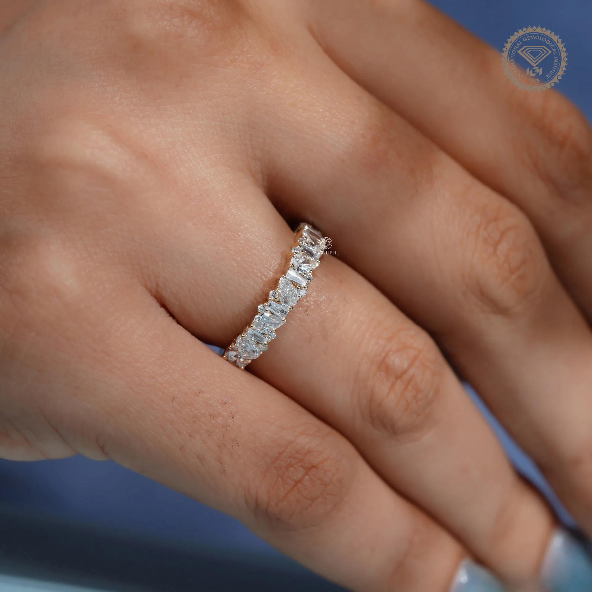 Pear and Baguette Lab Grown Diamond Wedding Band, Mixed Shape Diamond Half Eternity Ring — view 10