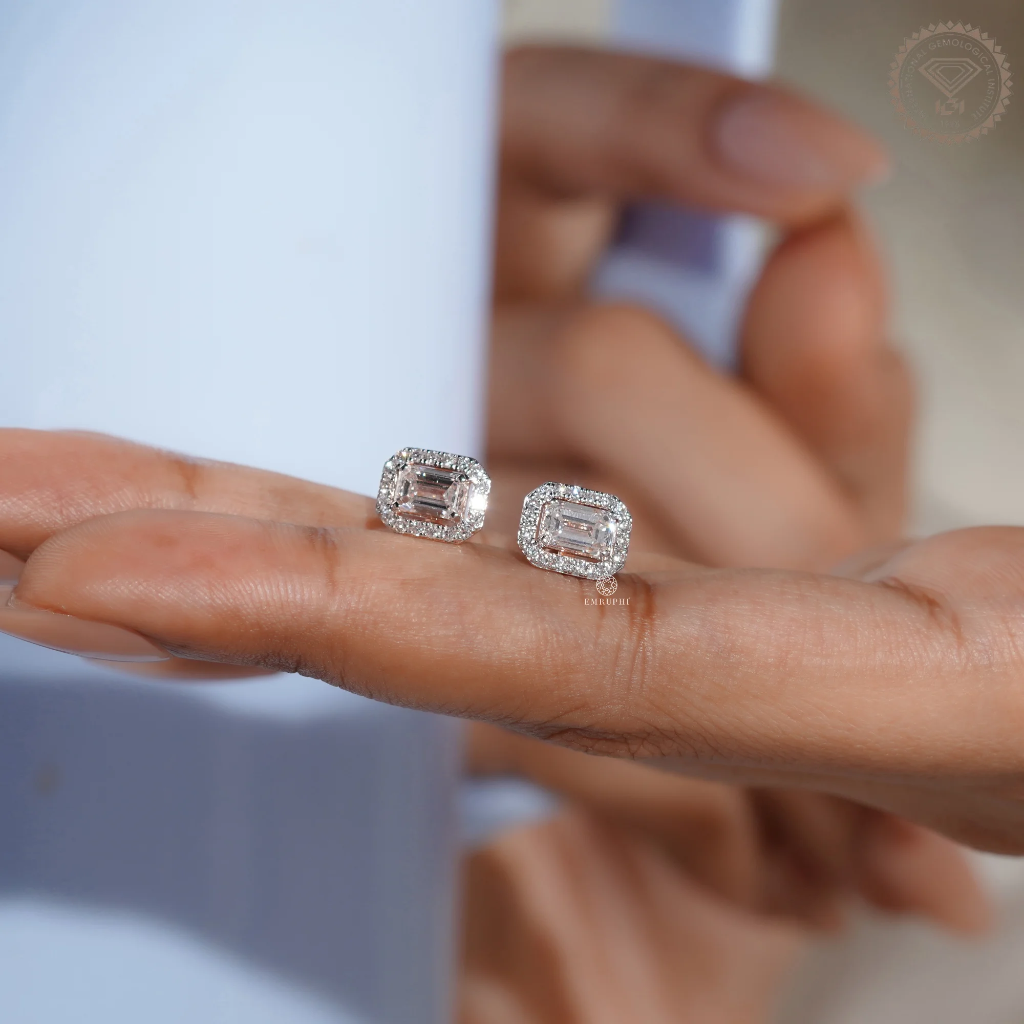 Emerald Cut Lab Grown Diamond Halo Earrings, Rose Gold Two Tone Studs — view 10