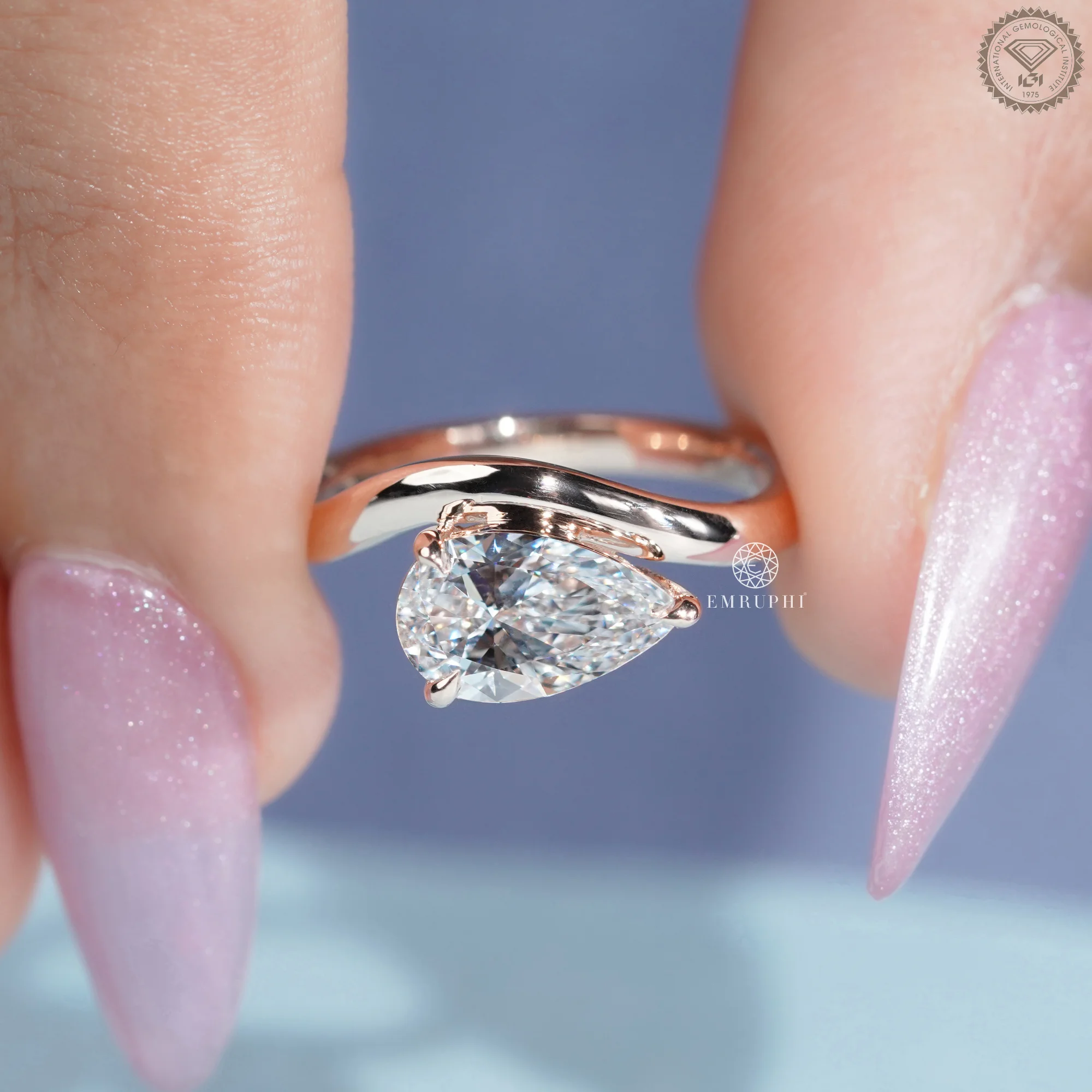 1 CT Pear Cut Lab Grown Diamond Engagement Ring, Curved Solitaire Ring — view 5