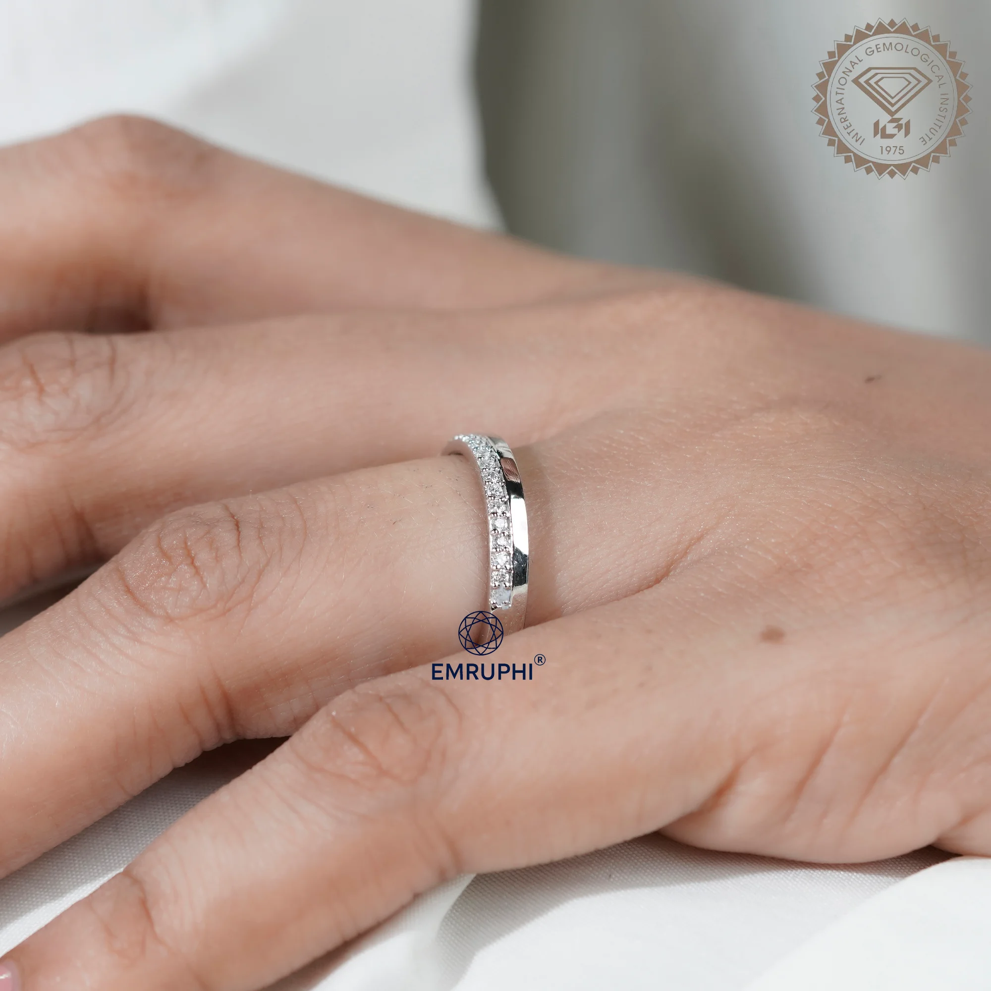 3 MM Pave Set Lab Diamond Wedding Band, Half Diamond Half Plain Band, Anniversary Gift — view 9