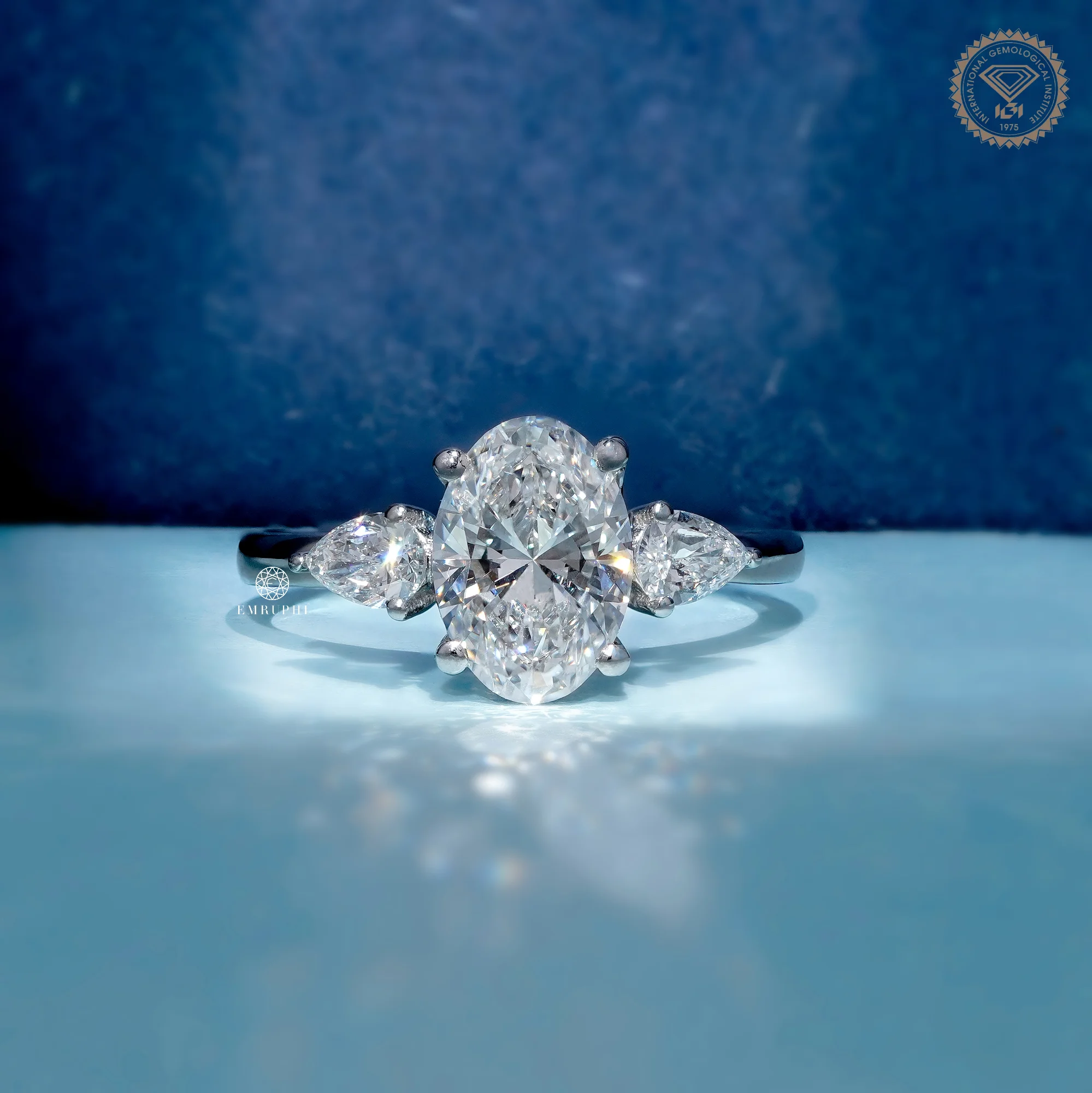 1.60 CT Oval Cut Lab Grown Engagement Ring With Pear Side Stone, Oval Three Stone Diamond Ring