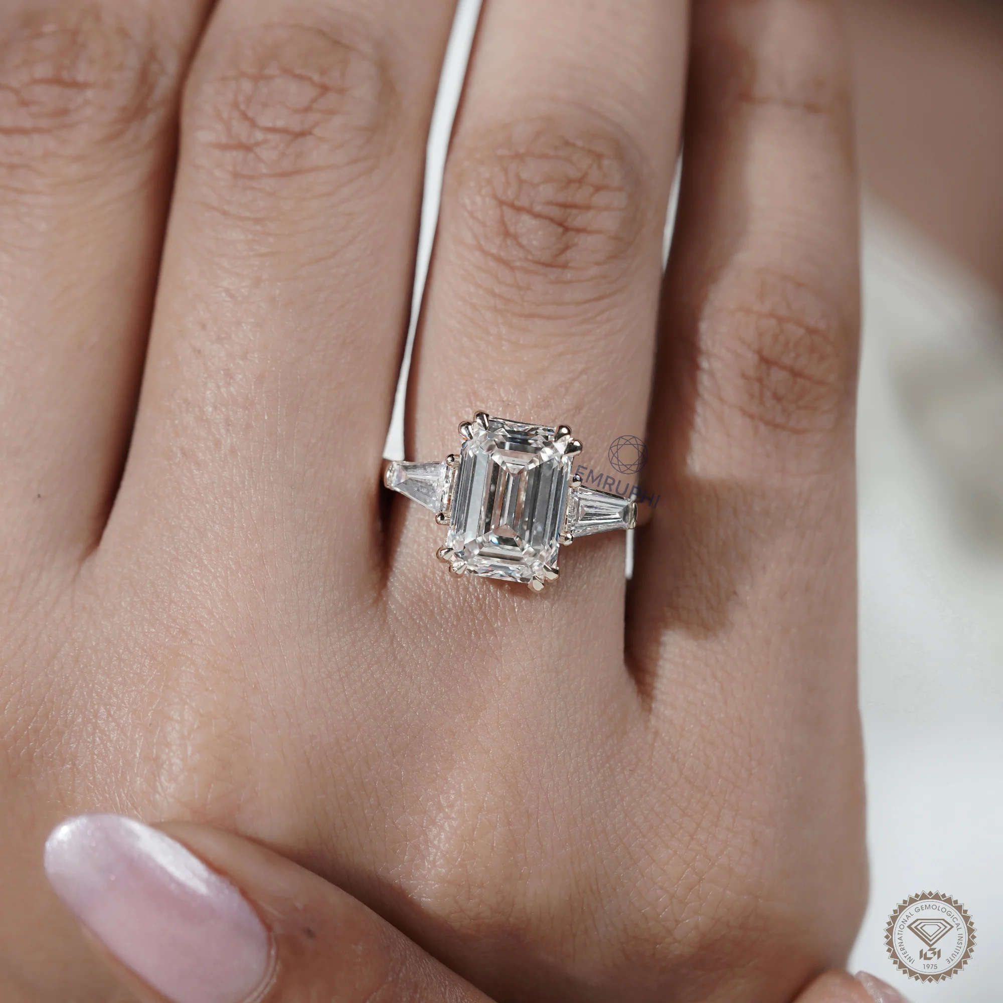 5 Carat Emerald Cut Lab Grown Diamond Engagement Ring , Trapezoid Side Stones — view 9