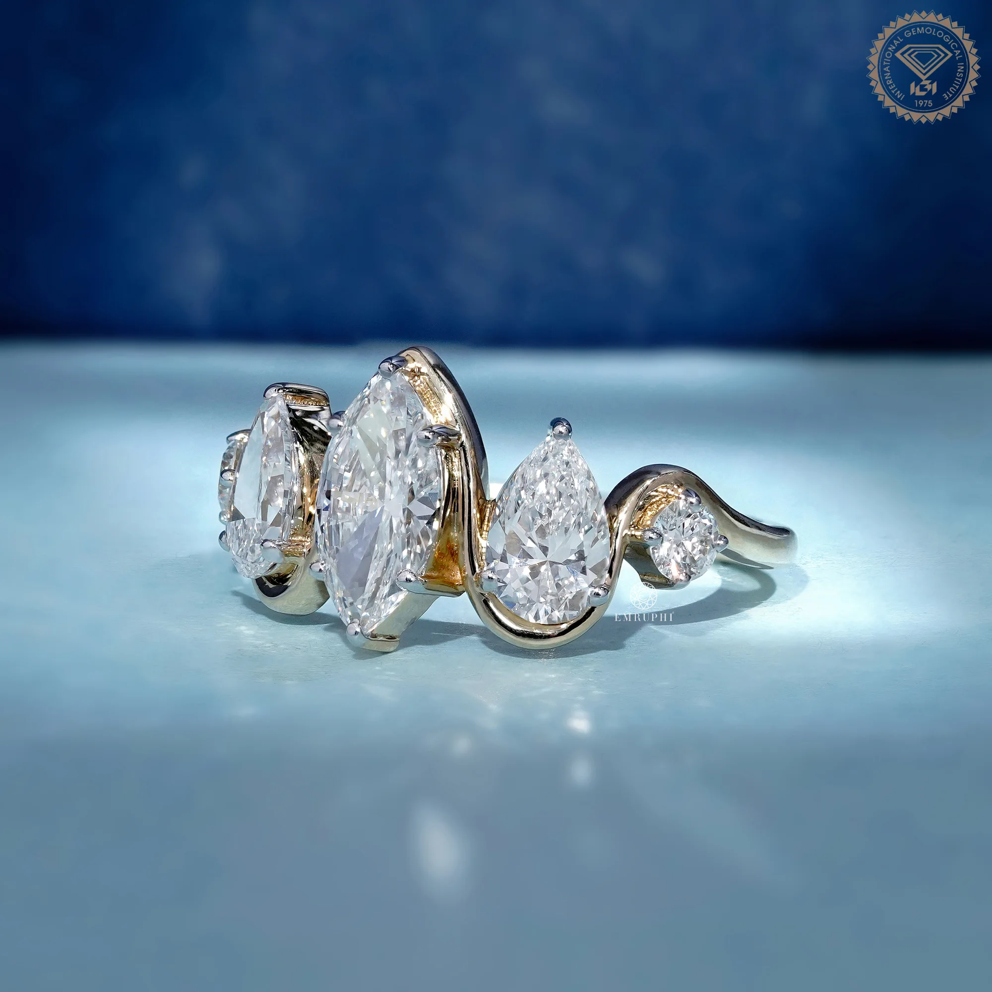 Marquise Pear Diamond Ring, Five Stone Cluster Engagement Ring, Two Tone Gold Wave Band — view 2