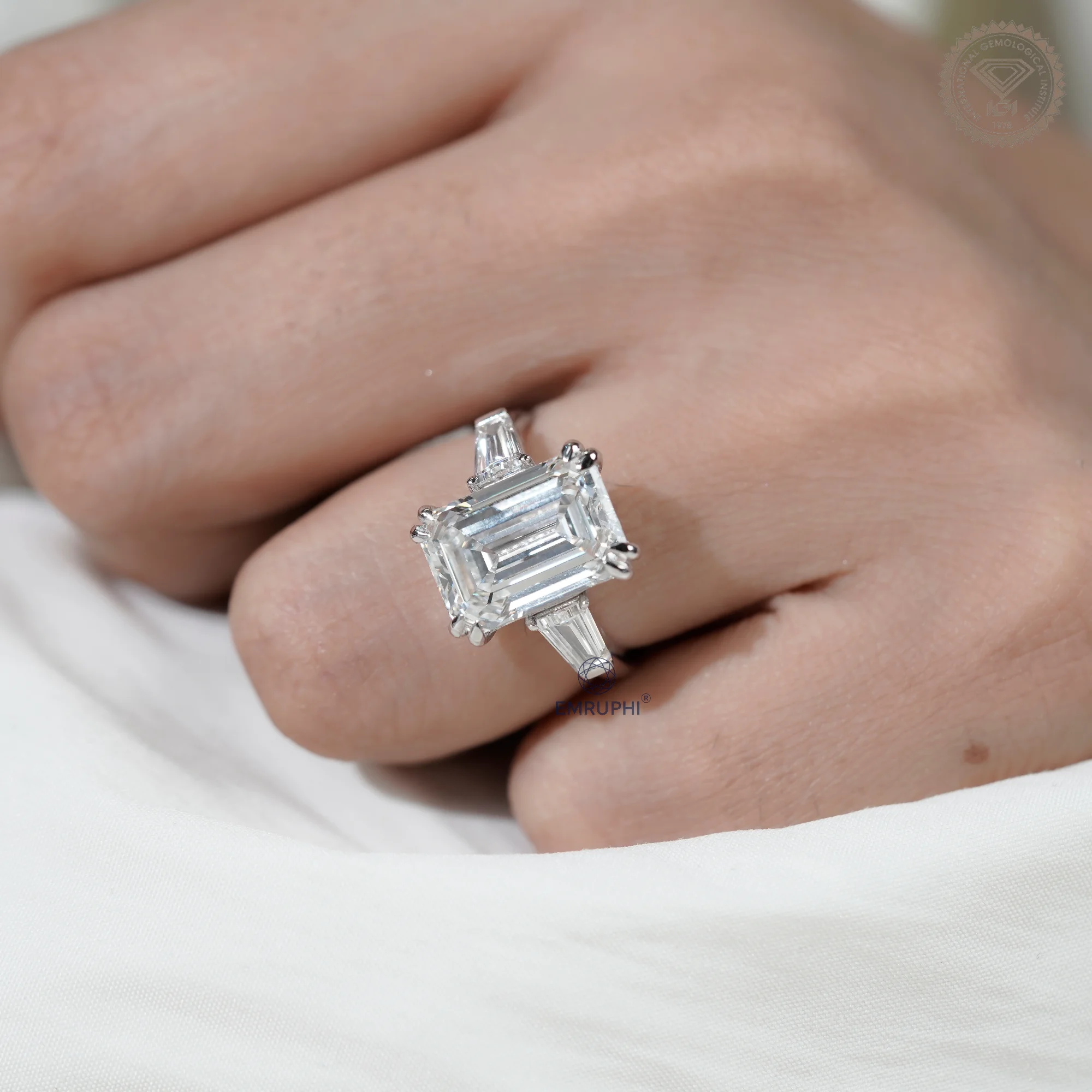 7 Carat Emerald Cut Lab Grown Diamond Engagement Ring | Trapezoid Side Stones — view 10