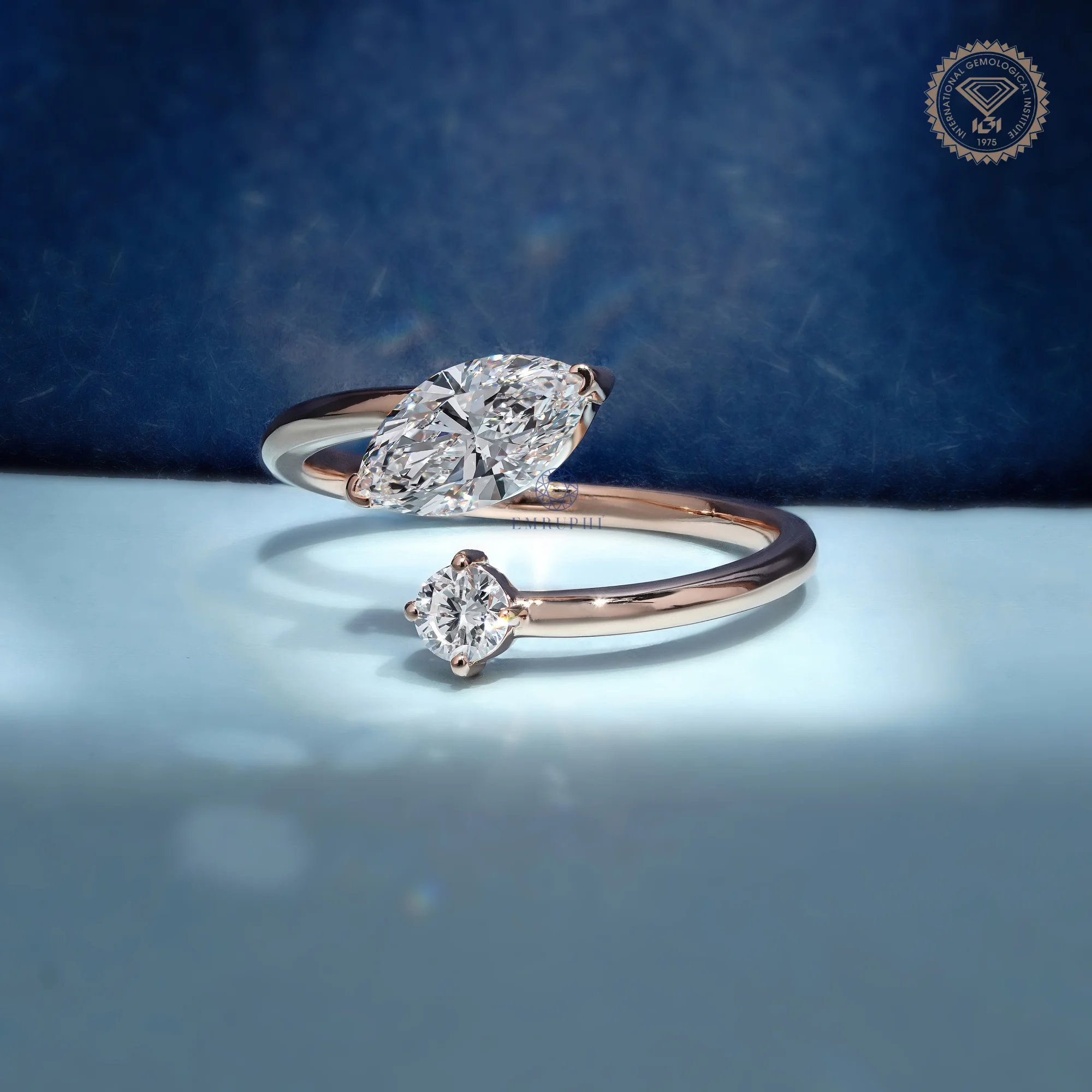 Marquise & Round Lab Grown Diamond Toi et Moi Ring, Open Wrap Engagement Ring, 14K Rose Gold Minimalist Bridal Ring — view 2