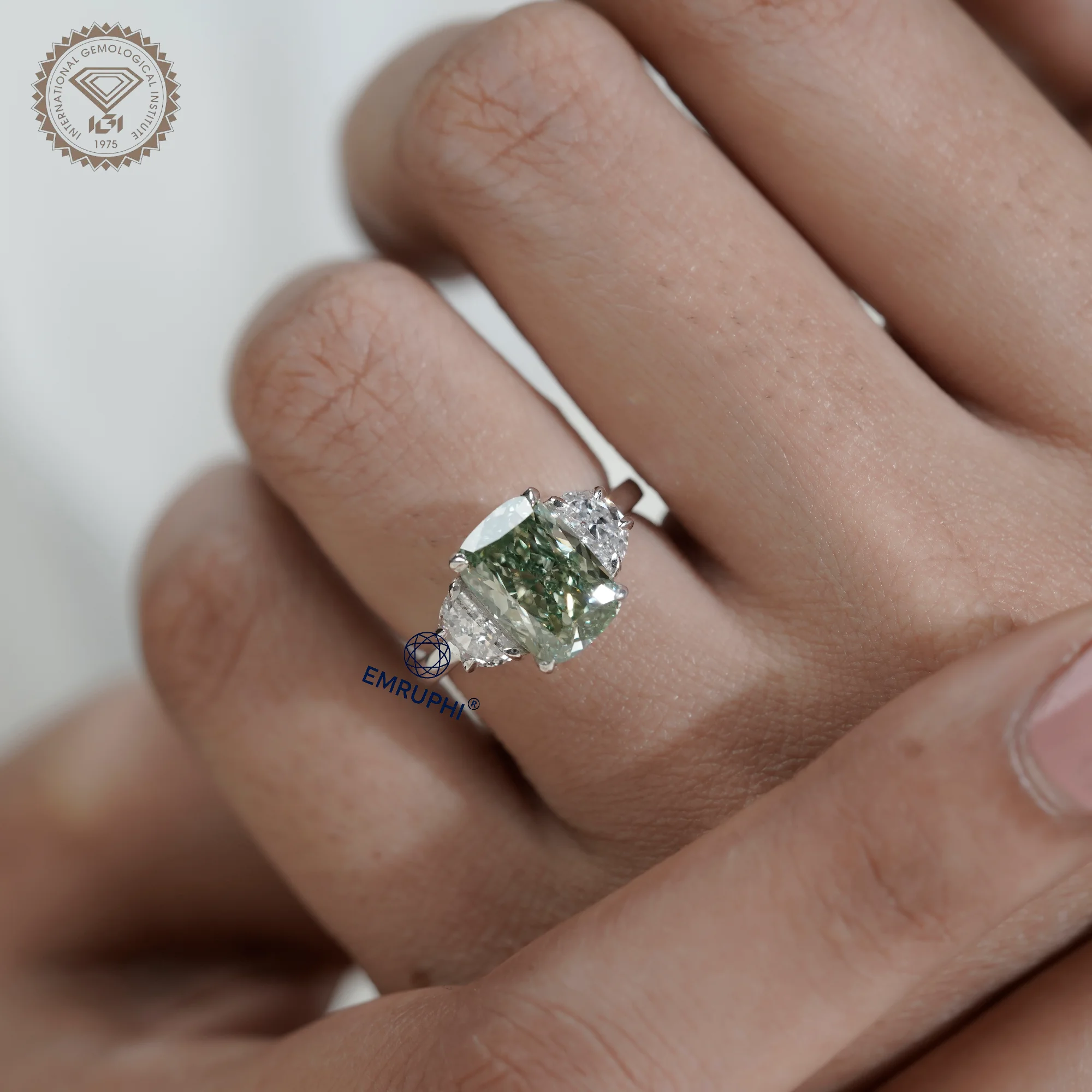 Vivid Green Cushion Diamond Three Stone Ring, 14K Gold Engagement Ring (IGI Certified) — view 8