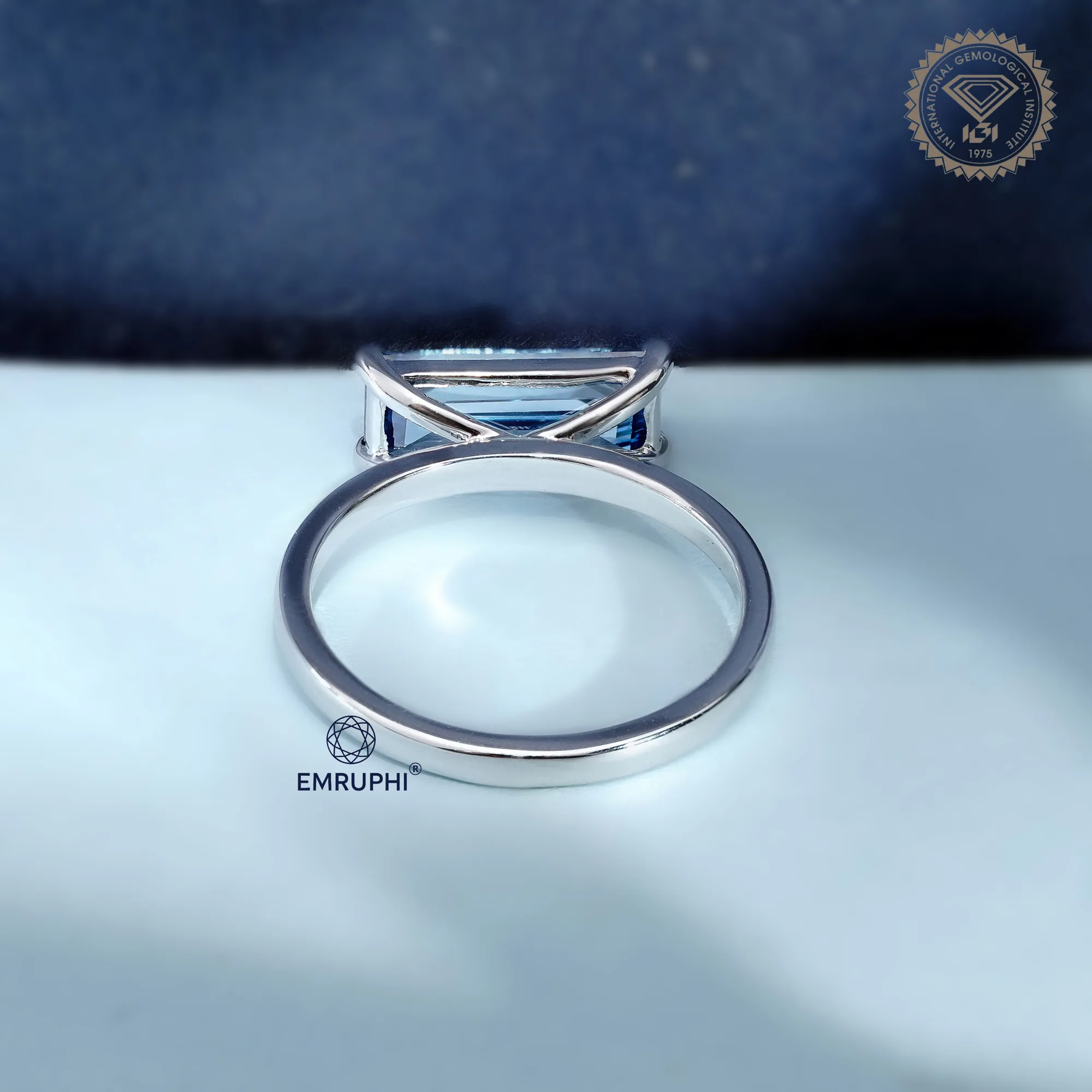 Baguette Diamond Solitaire Ring, Vivid Blue Lab Diamond Baguette — view 5