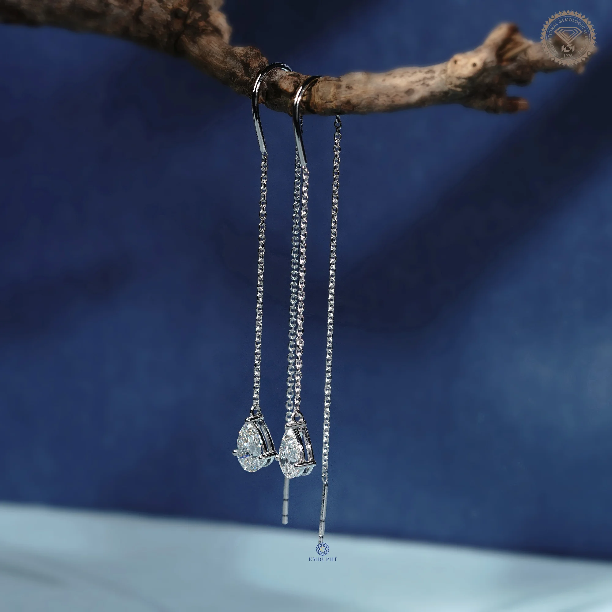 Pear Drop Threader Earrings, White Gold Drop Chain Earrings, Minimalist Long Chain Dangle Earring — view 2