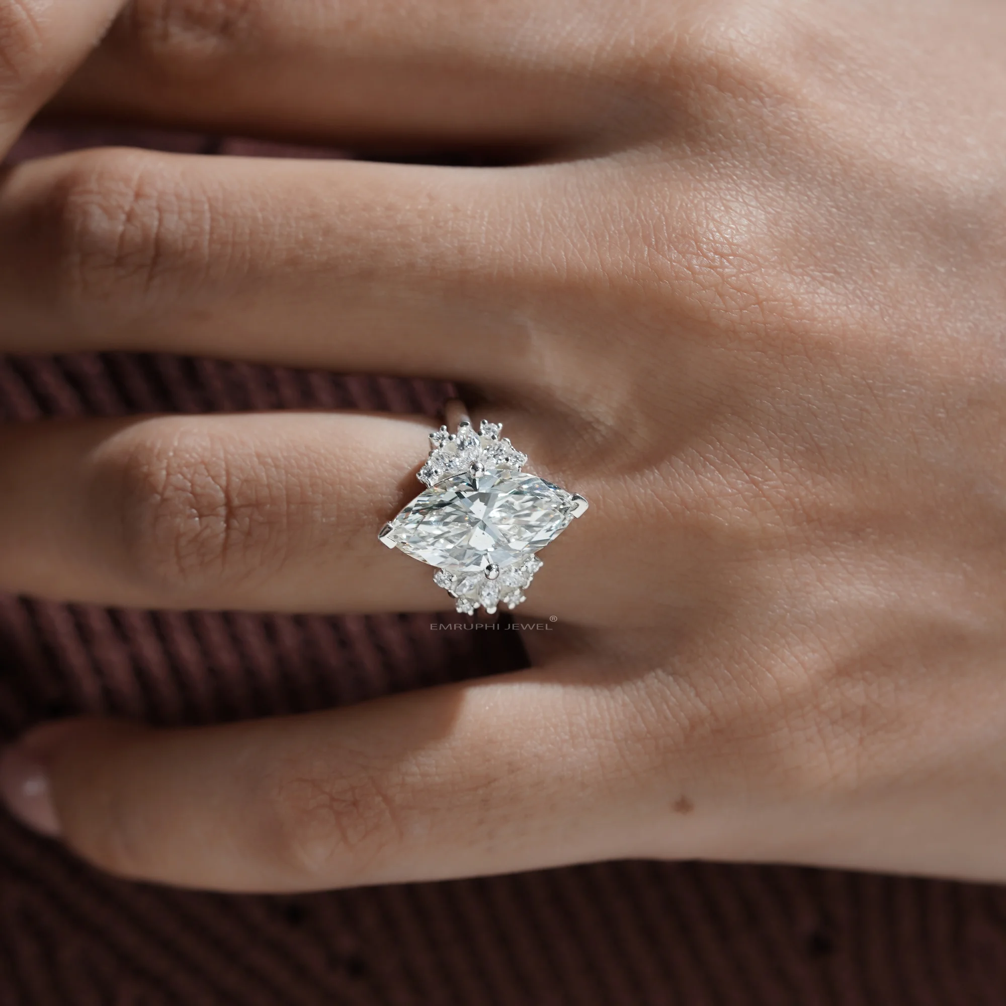 3.50 Carat Marquise Lab Grown Diamond Ring, Gold Cluster Engagement Ring — view 10