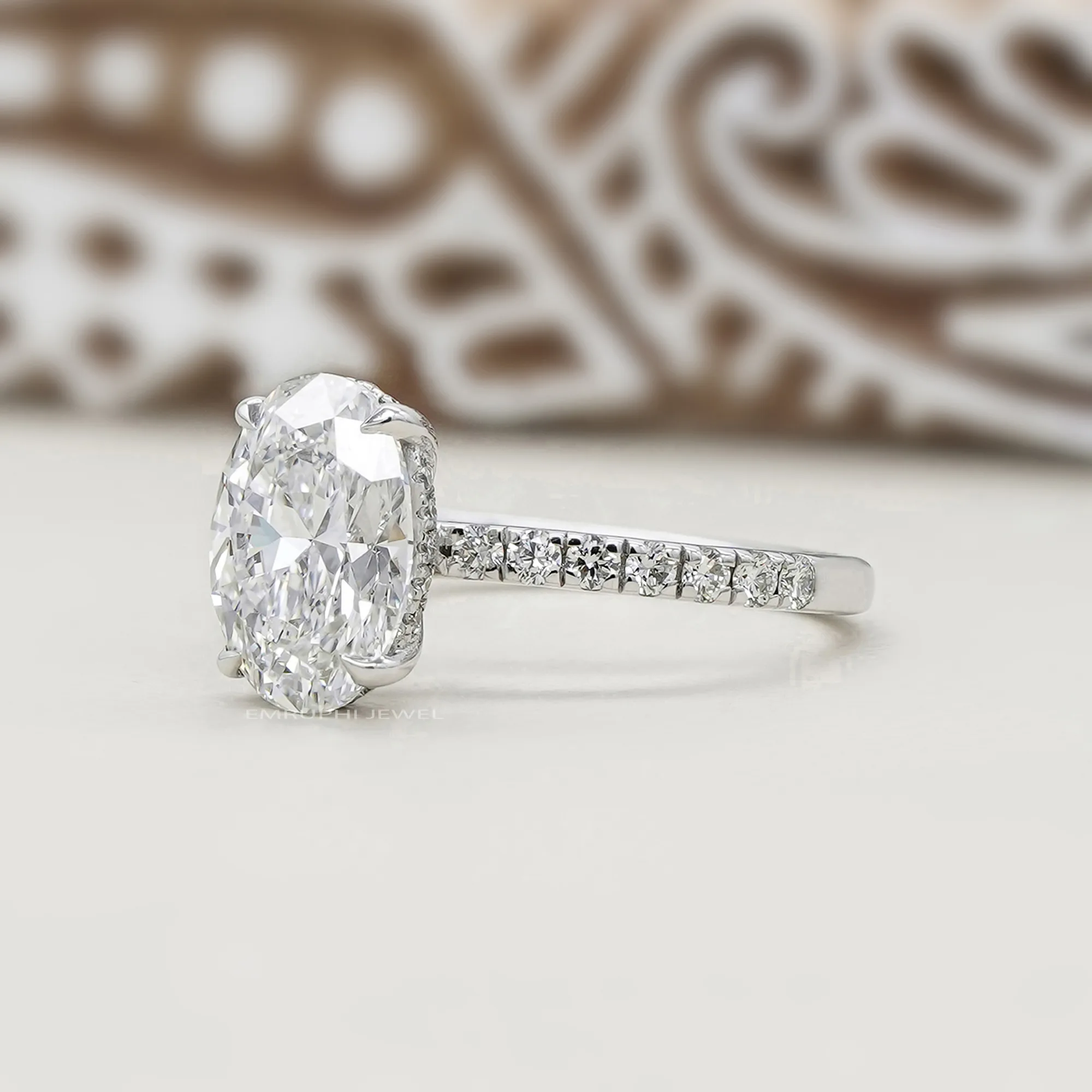 2 CT Oval Lab Grown Diamond Engagement Ring, 14k Gold Pave Band, IGI Certified — view 3