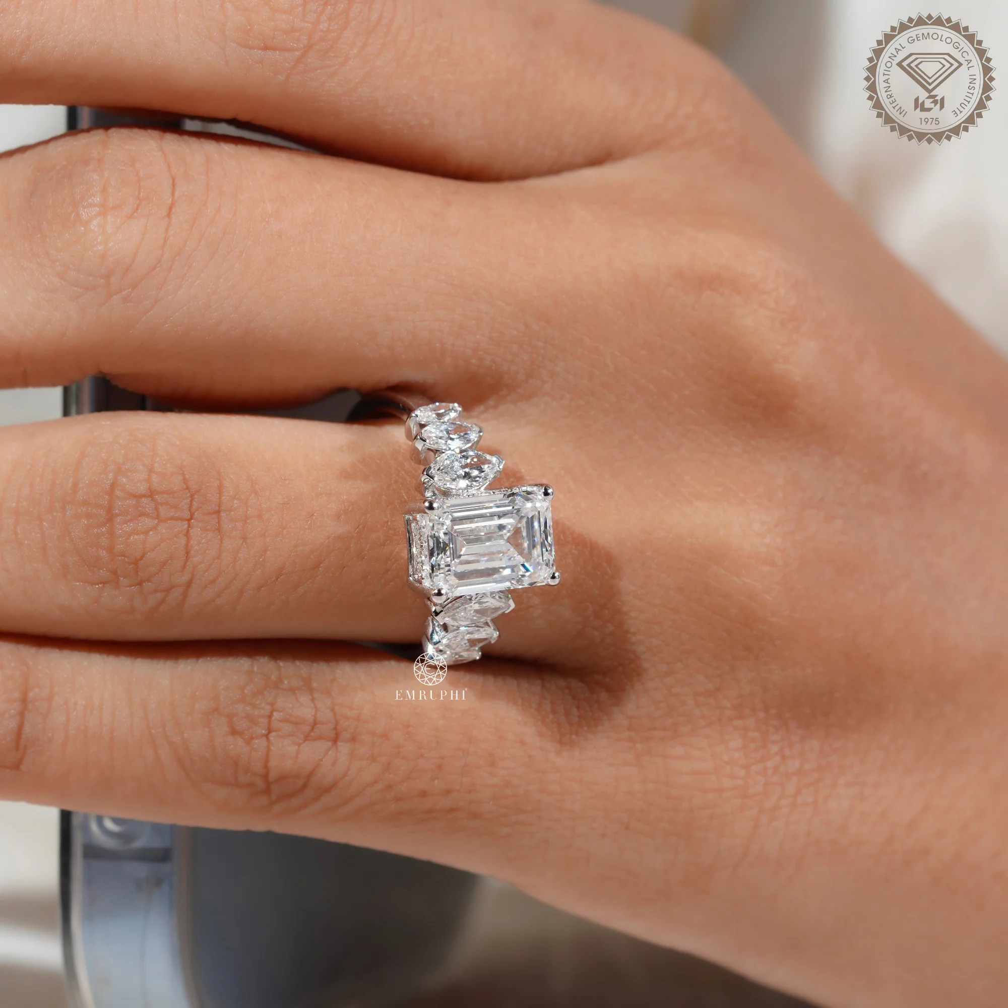 Emerald Cut Diamond Engagement Ring With Marquise Side Stone, Cluster Setting Ring — view 9