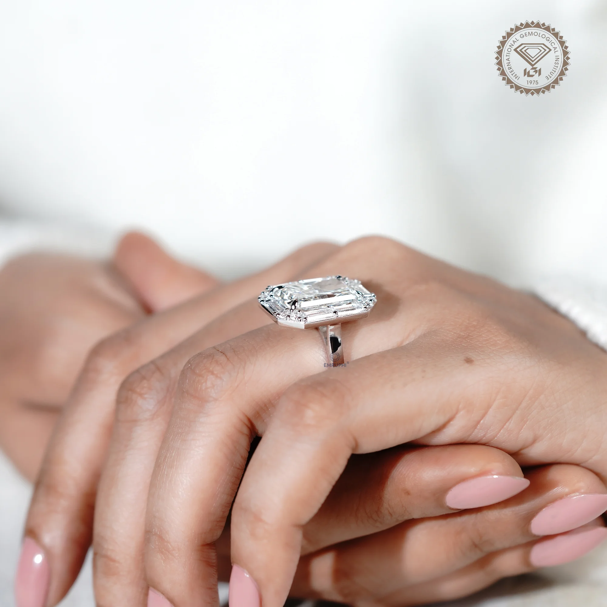 Radiant Cut Lab Grown Halo Diamond Ring, Baguette Diamond Halo Wedding Ring, Conflict Free Diamond — view 14