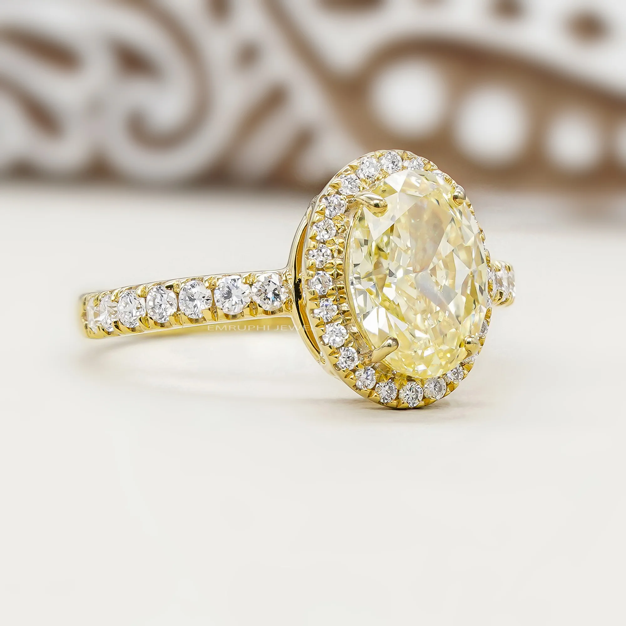 1.50 CT Lab-Grown Yellow Diamond Ring, 14K Gold Vintage Halo Engagement Ring — view 3