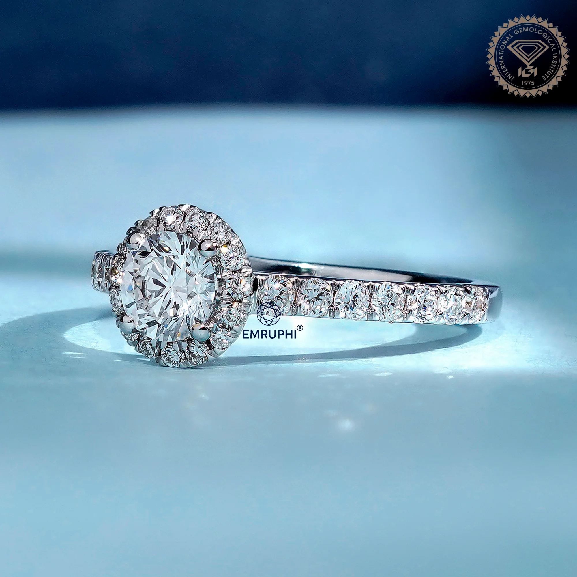 1.00 CT Round Halo Diamond Engagement Ring, Pave Band Halo Ring — view 2