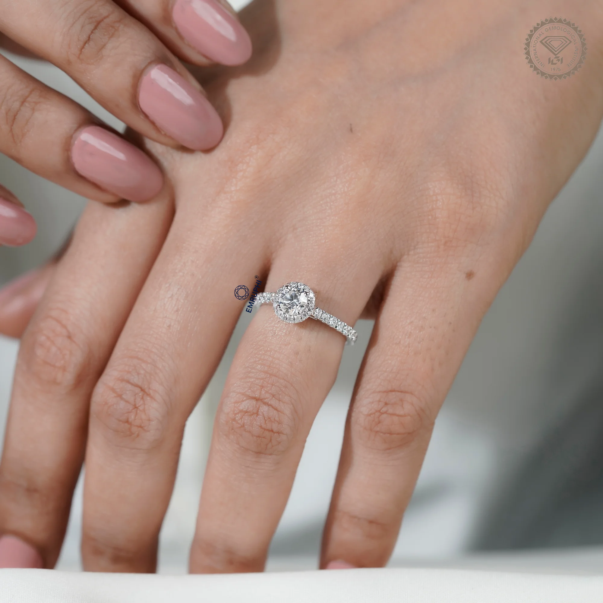 1.00 CT Round Halo Diamond Engagement Ring, Pave Band Halo Ring — view 10