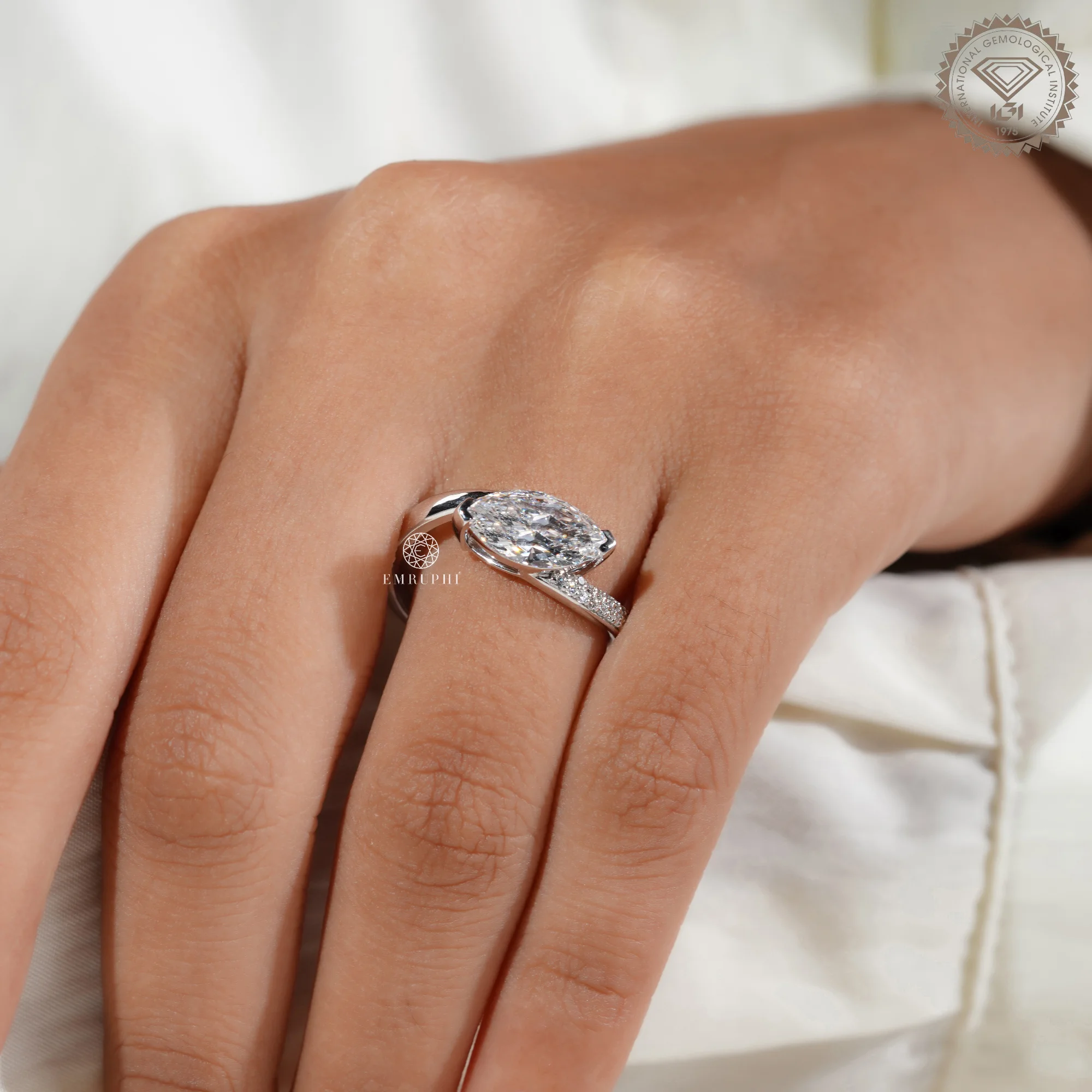 East to West Marquise Cut Diamond Engagement Ring with Bypass Setting, Wedding Ring For Women — view 5