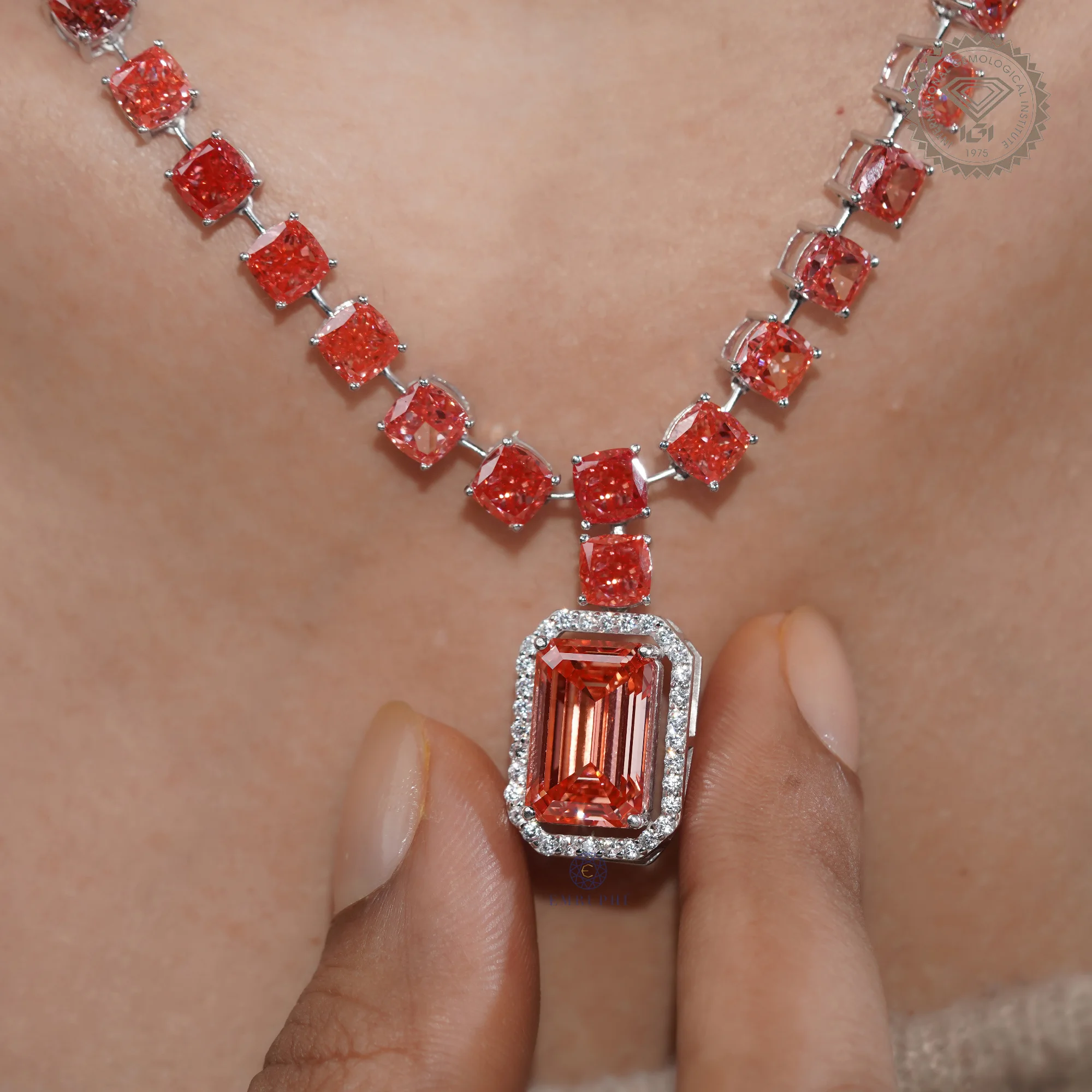 7.25 CT Vivid Pink Emerald Cut Halo Pendant Necklace, Cushion Tennis Necklace — view 7