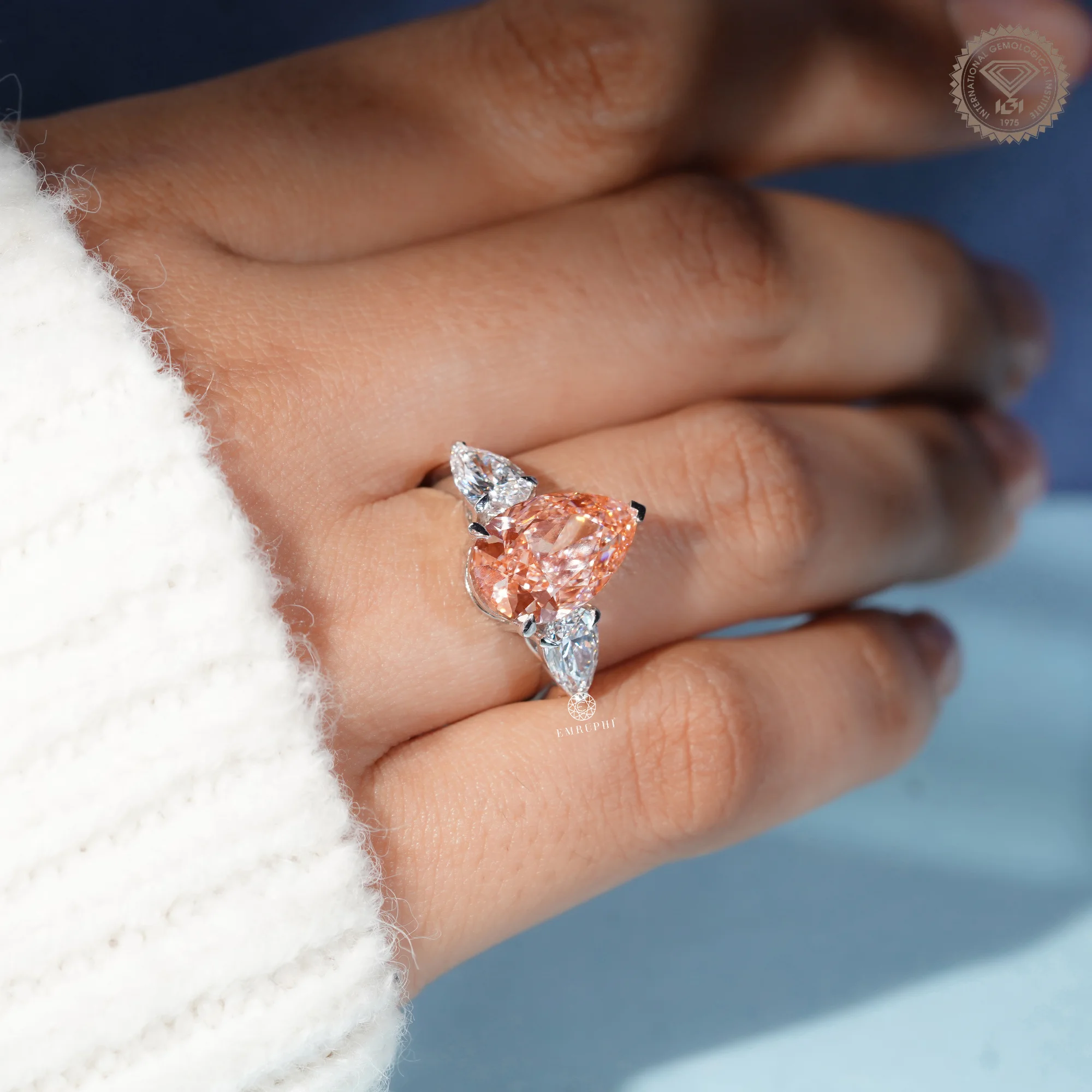 Vivid Pink Pear Cut Lab Grown Diamond Ring, 3 Stone Engagement Ring, IGI Certified Lab Diamond — view 5