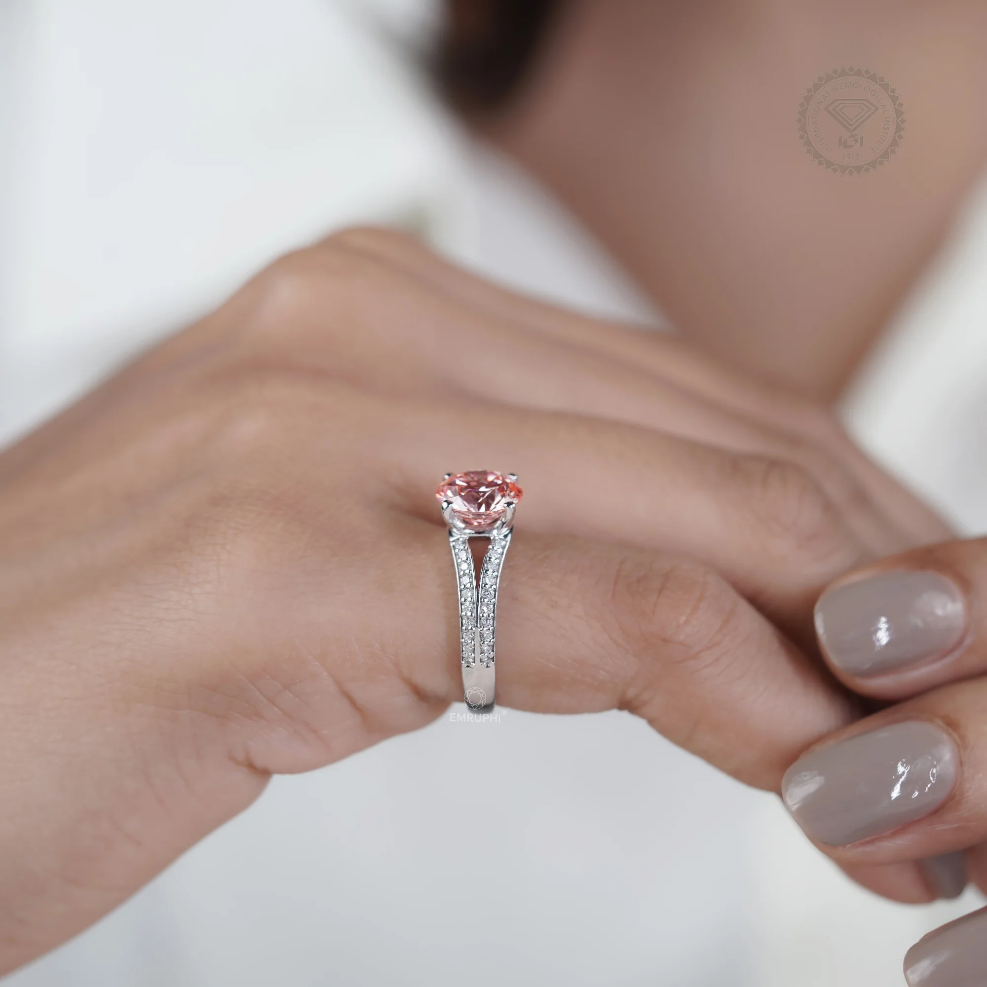 2.00 CT Pink Lab Diamond Engagement Ring, 14K White Gold Split Shank Ring — view 10