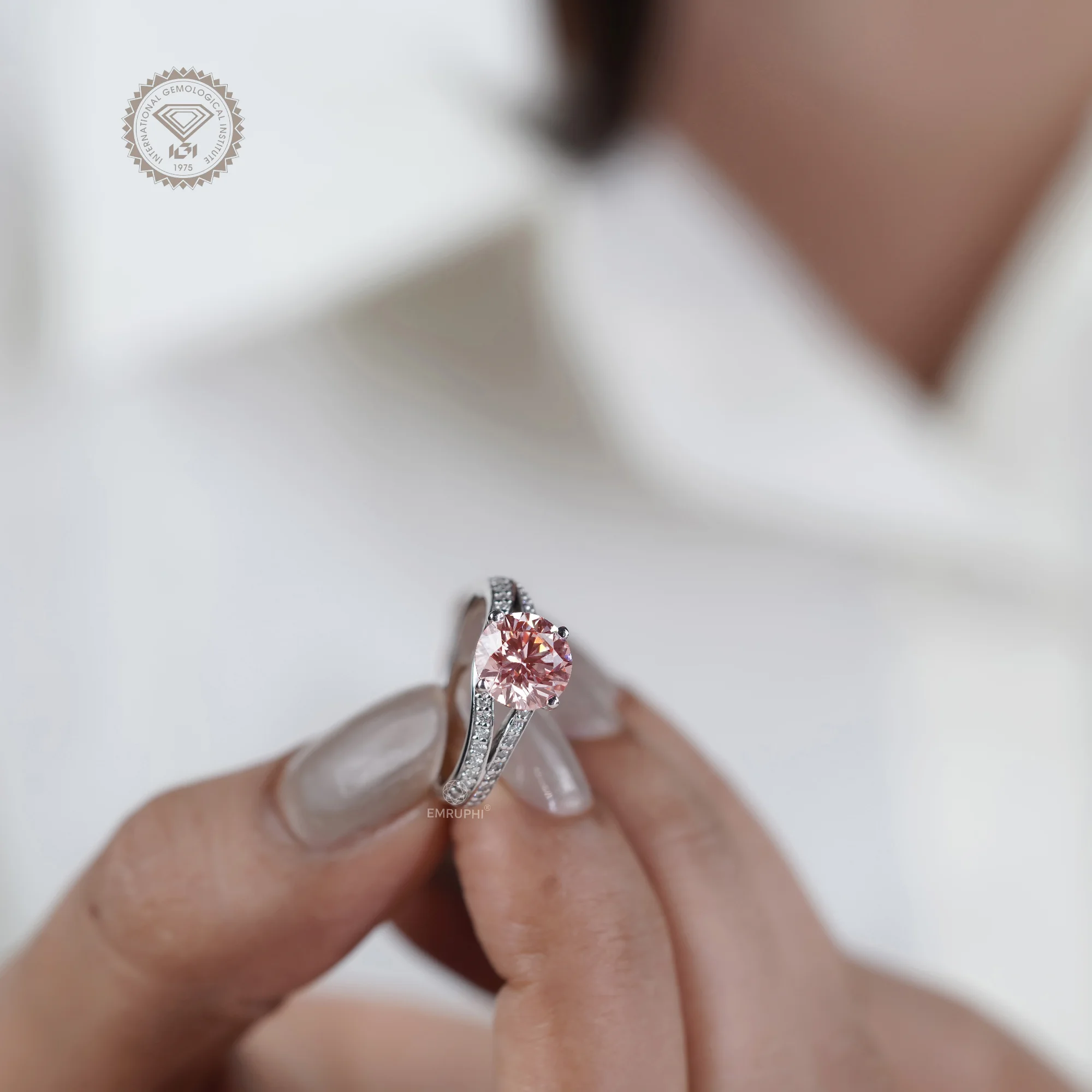 2.00 CT Pink Lab Diamond Engagement Ring, 14K White Gold Split Shank Ring — view 11