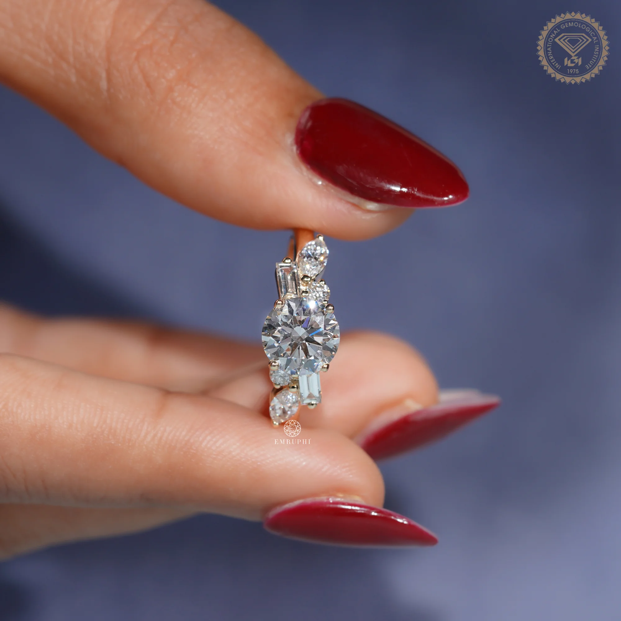 Round Cut Lab Grown Diamond Ring, Multi Shape Cluster Engagement Ring, Pear Baguette Accents — view 8