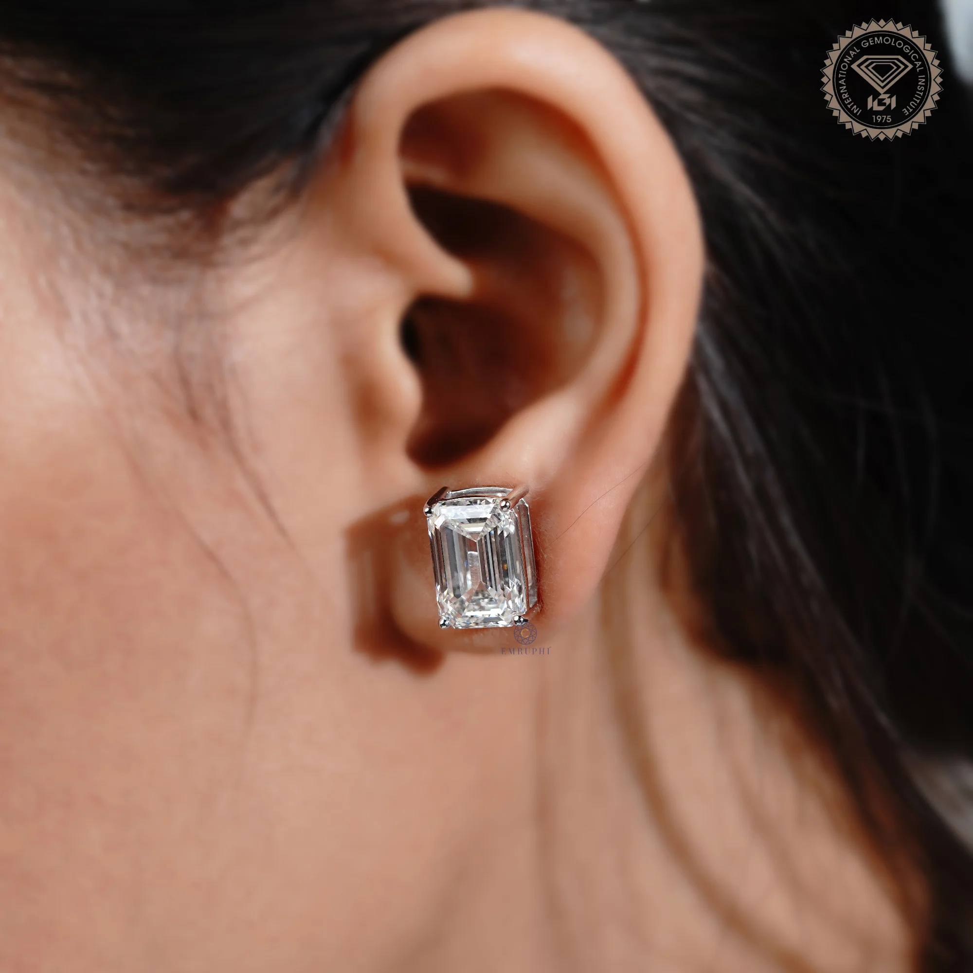 10.00 Tcw Emerald Solitaire Earrings, 14k Gold Prong Setting Emerald Cut Lab Grown Diamond Studs, — view 8