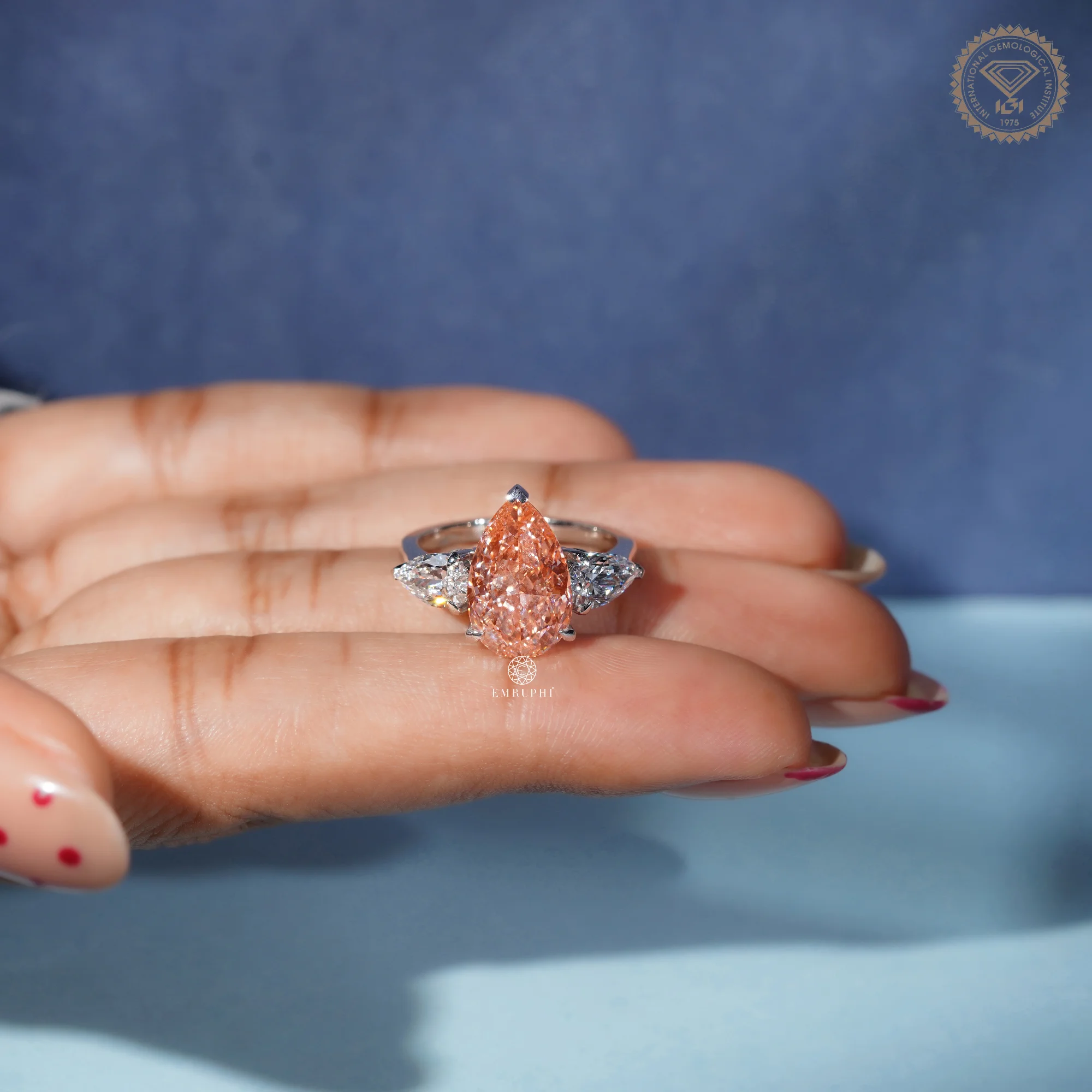 Vivid Pink Pear Cut Lab Grown Diamond Ring, 3 Stone Engagement Ring, IGI Certified Lab Diamond — view 8