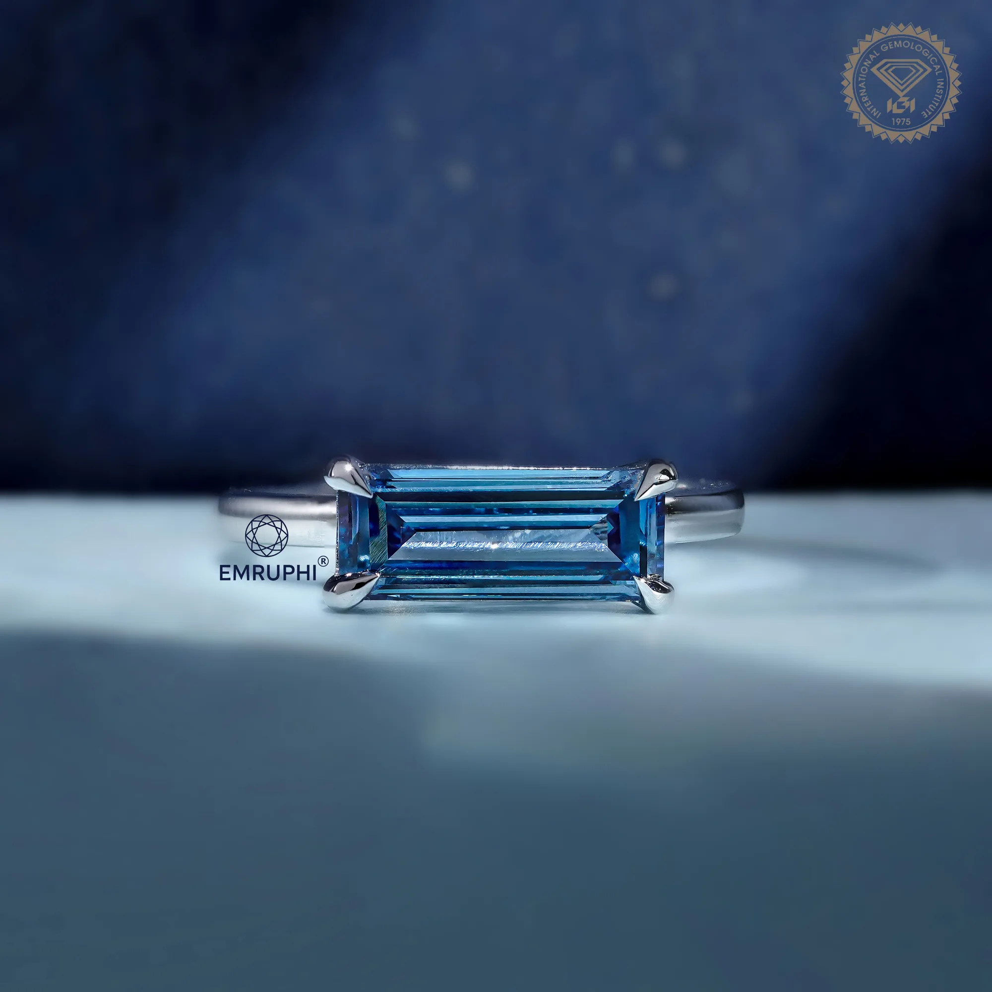 Baguette Diamond Solitaire Ring, Vivid Blue Lab Diamond Baguette — view 2