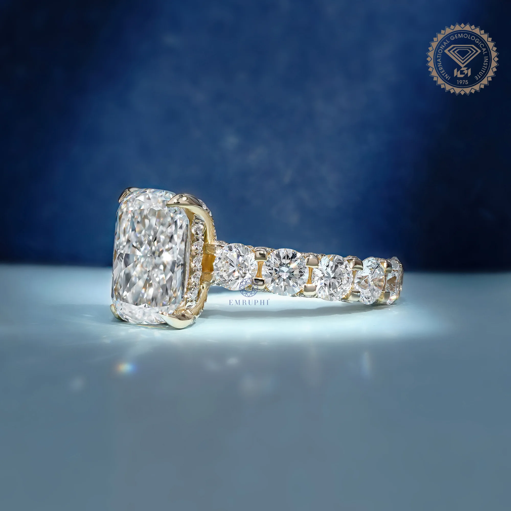 5 CT Cushion Cut Lab Grown Diamond Engagement Ring, Round Diamond Band Ring, 14K Gold Bridal Ring — view 2