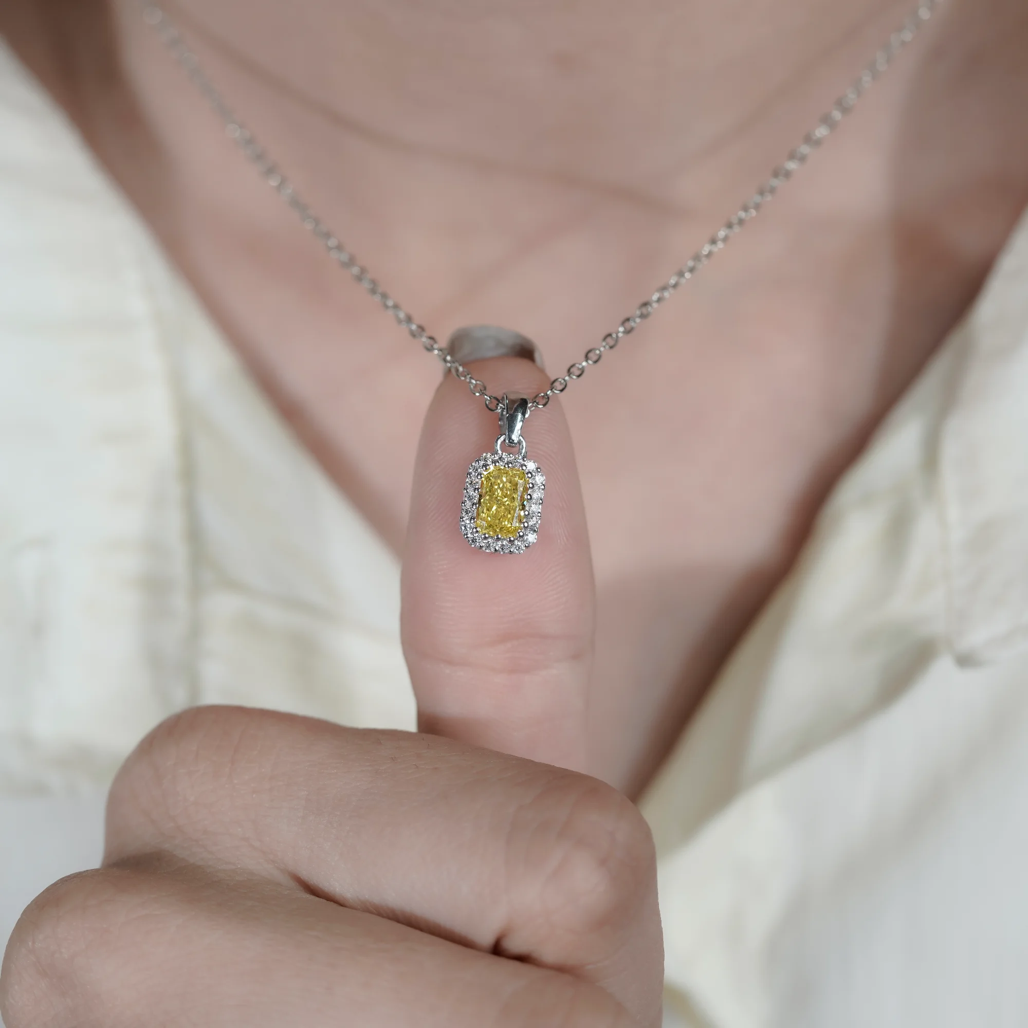 Vivid Yellow Radiant Cut Lab Diamond Pendant, 10K White Gold Double Halo Necklace — view 7