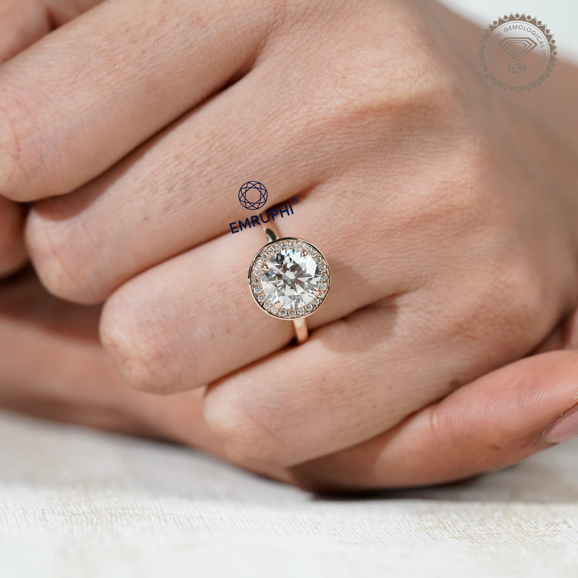 Round Cut Halo Engagement Ring in 14k Gold, Bezel Set Wedding Ring — view 7