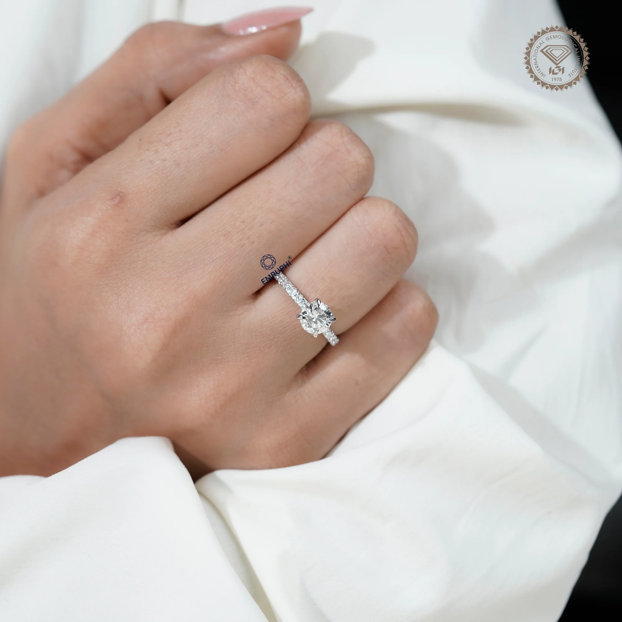 1 Carat Round Cut Lab Grown Diamond Engagement Ring, Pavé Side Stones — view 14