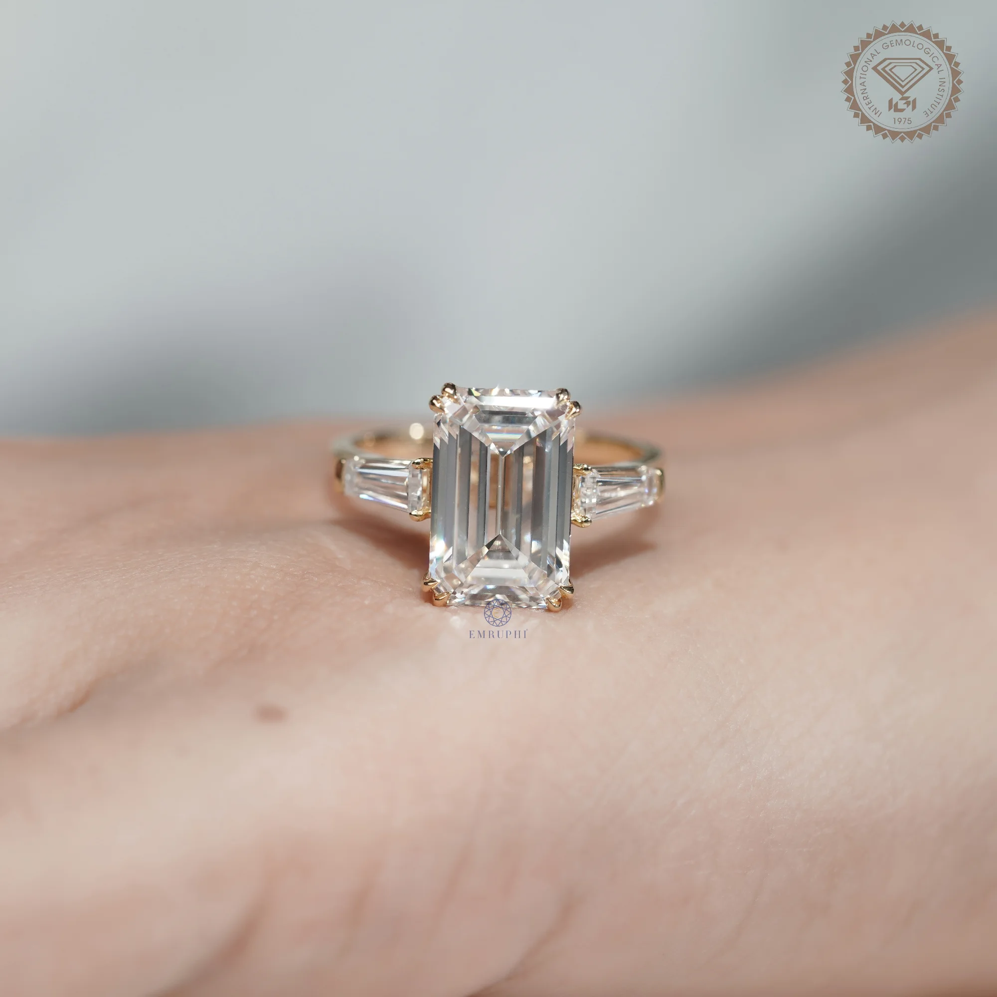 5 CT Emerald Lab Diamond Engagement Ring in 14k Gold, Three Stone Emerald Ring with Trapezoid Side Diamonds — view 5