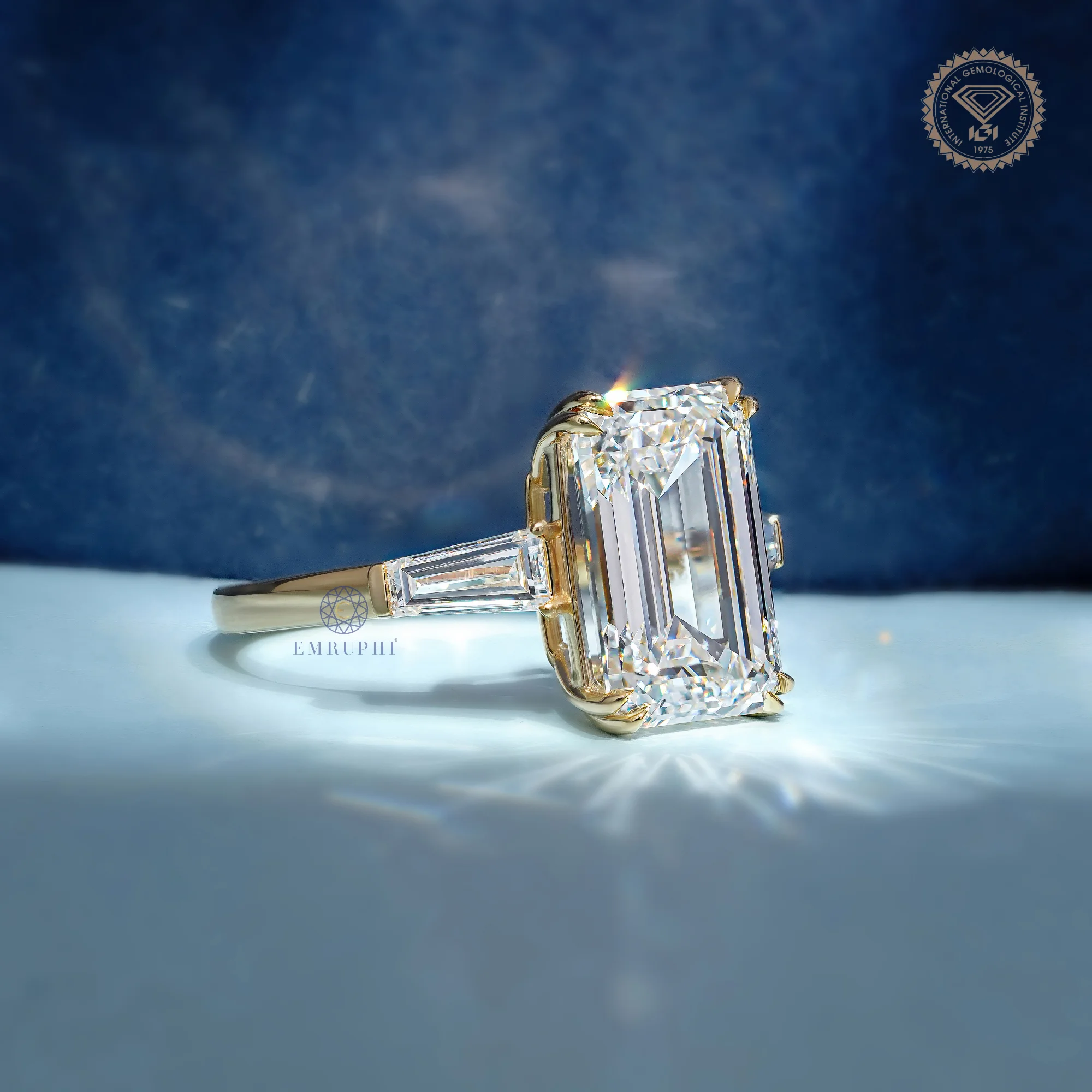 5 CT Emerald Lab Diamond Engagement Ring in 14k Gold, Three Stone Emerald Ring with Trapezoid Side Diamonds — view 3